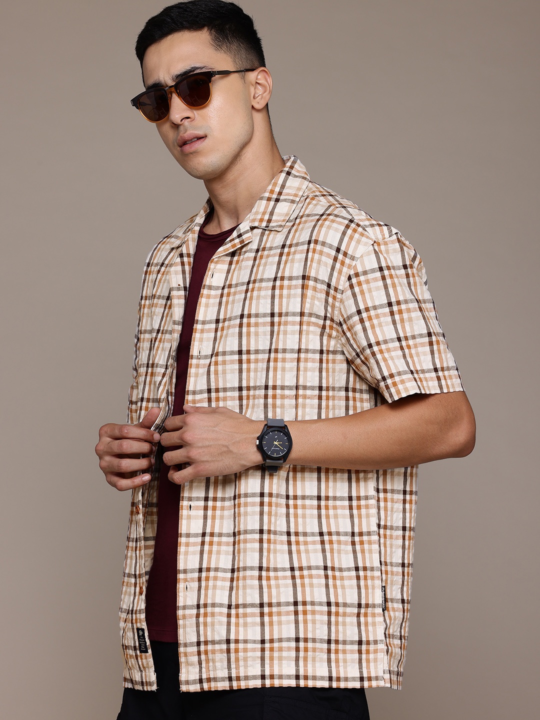 

The Roadster Lifestyle Co. Pure Cotton Checked Seersucker Relaxed Fit Shirt, Beige