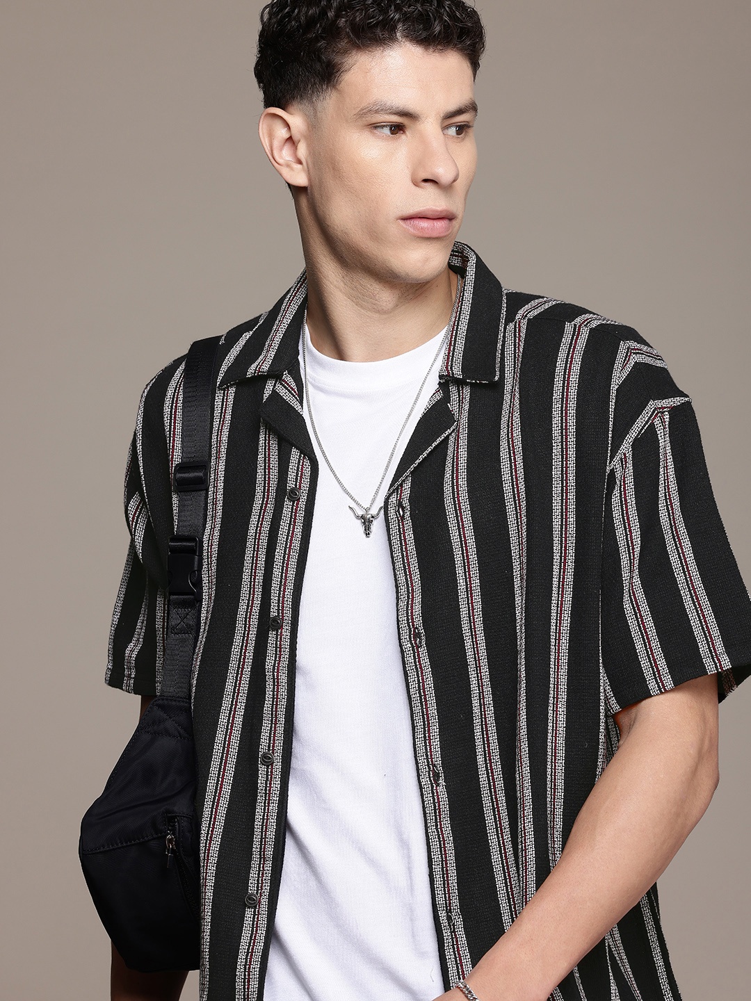 

The Roadster Life Co. Pure Cotton Relaxed Fit Opaque Striped Casual Shirt, Black