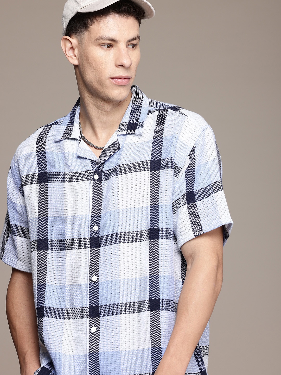 

The Roadster Life Co. Pure Cotton Relaxed Fit Checked Knitted Shirt, Blue