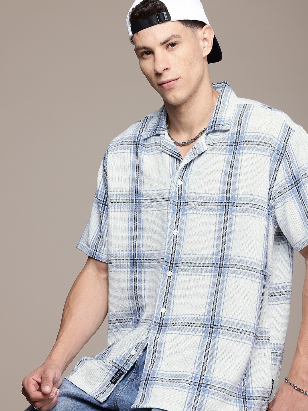 

The Roadster Life Co. Pure Cotton Relaxed Fit Checked Knitted Shirt, Blue