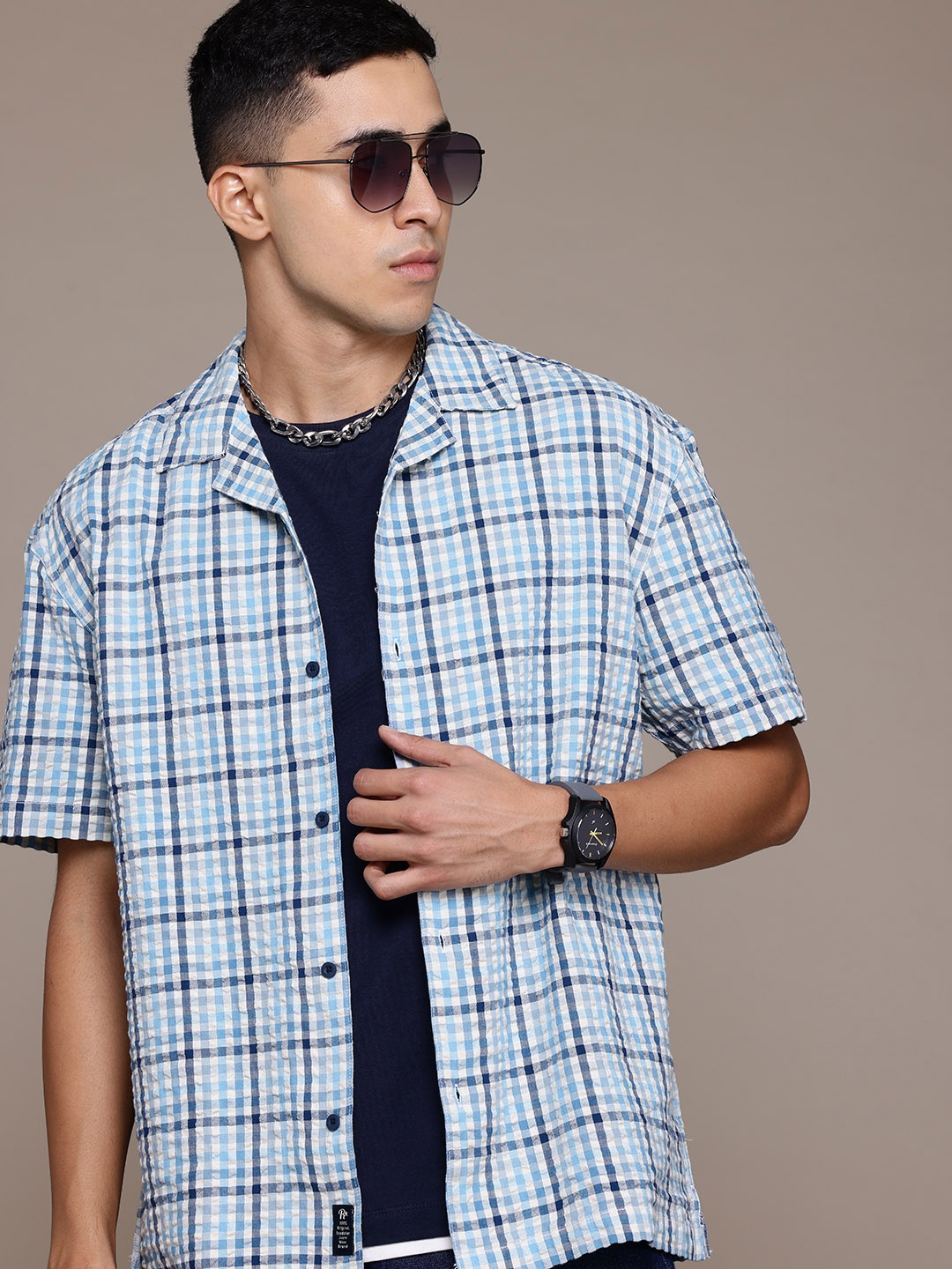 

The Roadster Lifestyle Co. Pure Cotton Checked Seersucker Relaxed Fit Shirt, Blue