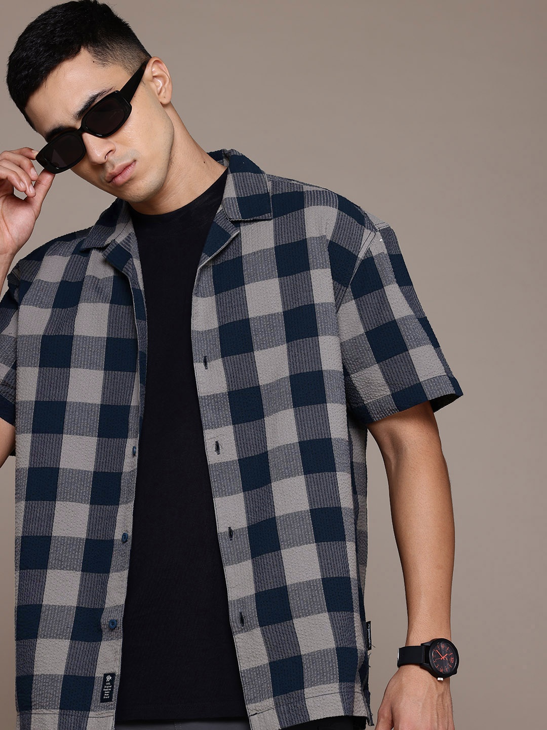 

The Roadster Lifestyle Co. Pure Cotton Checked Seersucker Relaxed Fit Shirt, Grey