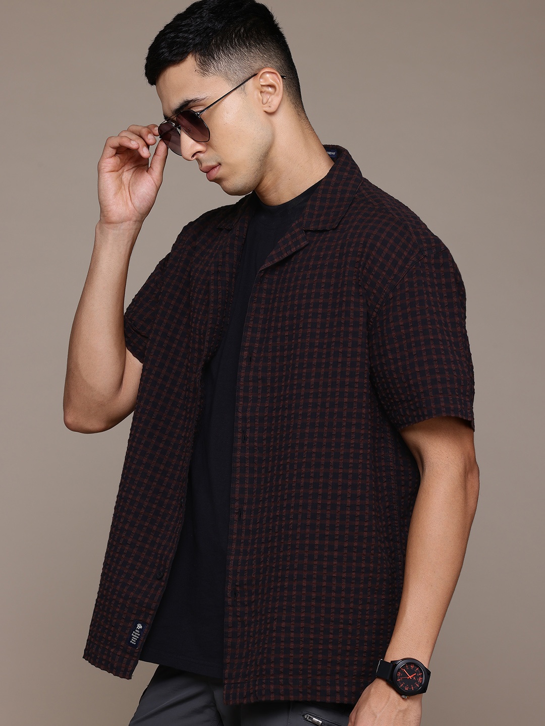 

The Roadster Lifestyle Co. Pure Cotton Checked Seersucker Relaxed Fit Shirt, Black