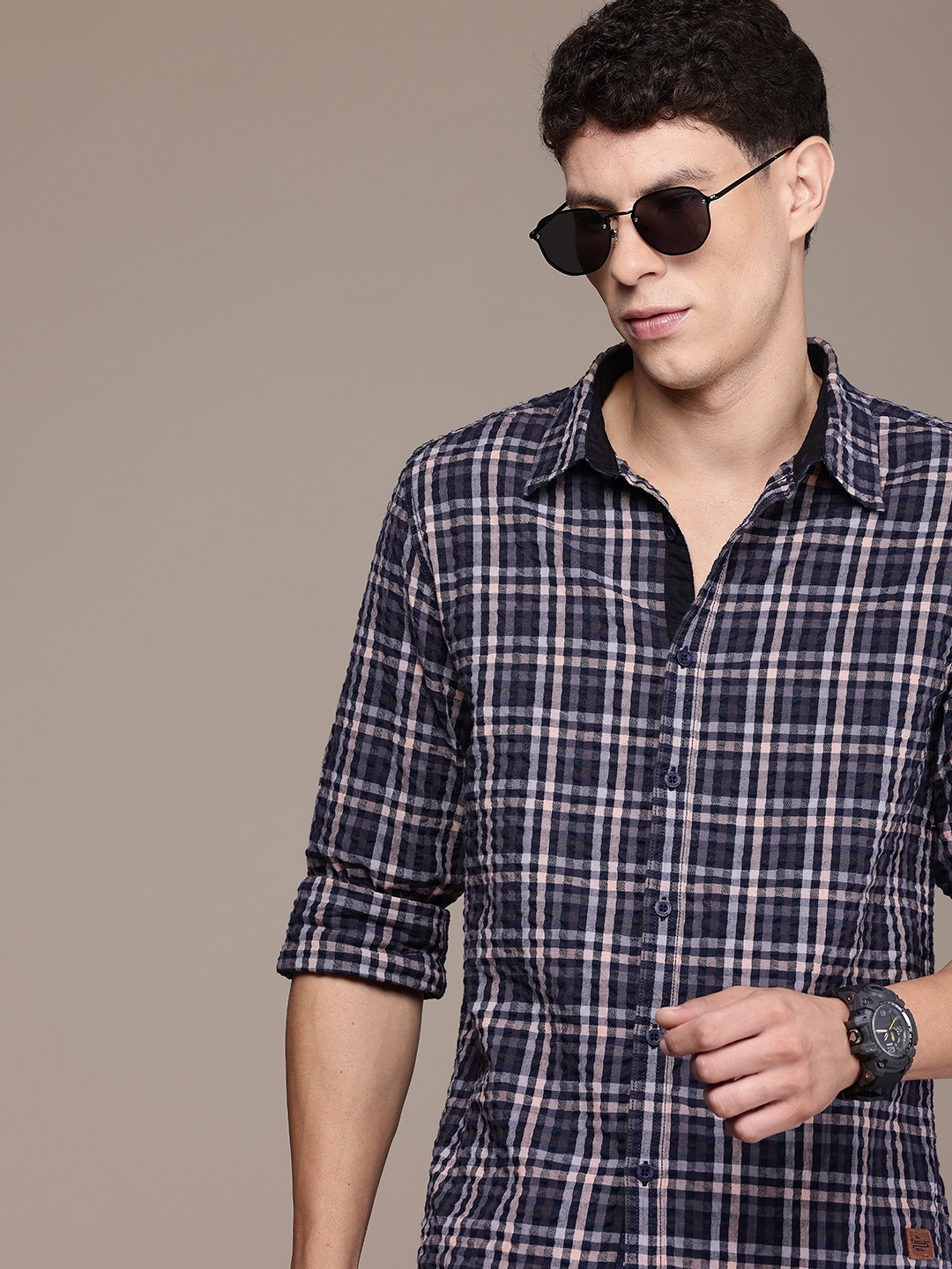 

The Roadster Life Co. Gingham Checked Pure Cotton Casual Shirt, Navy blue