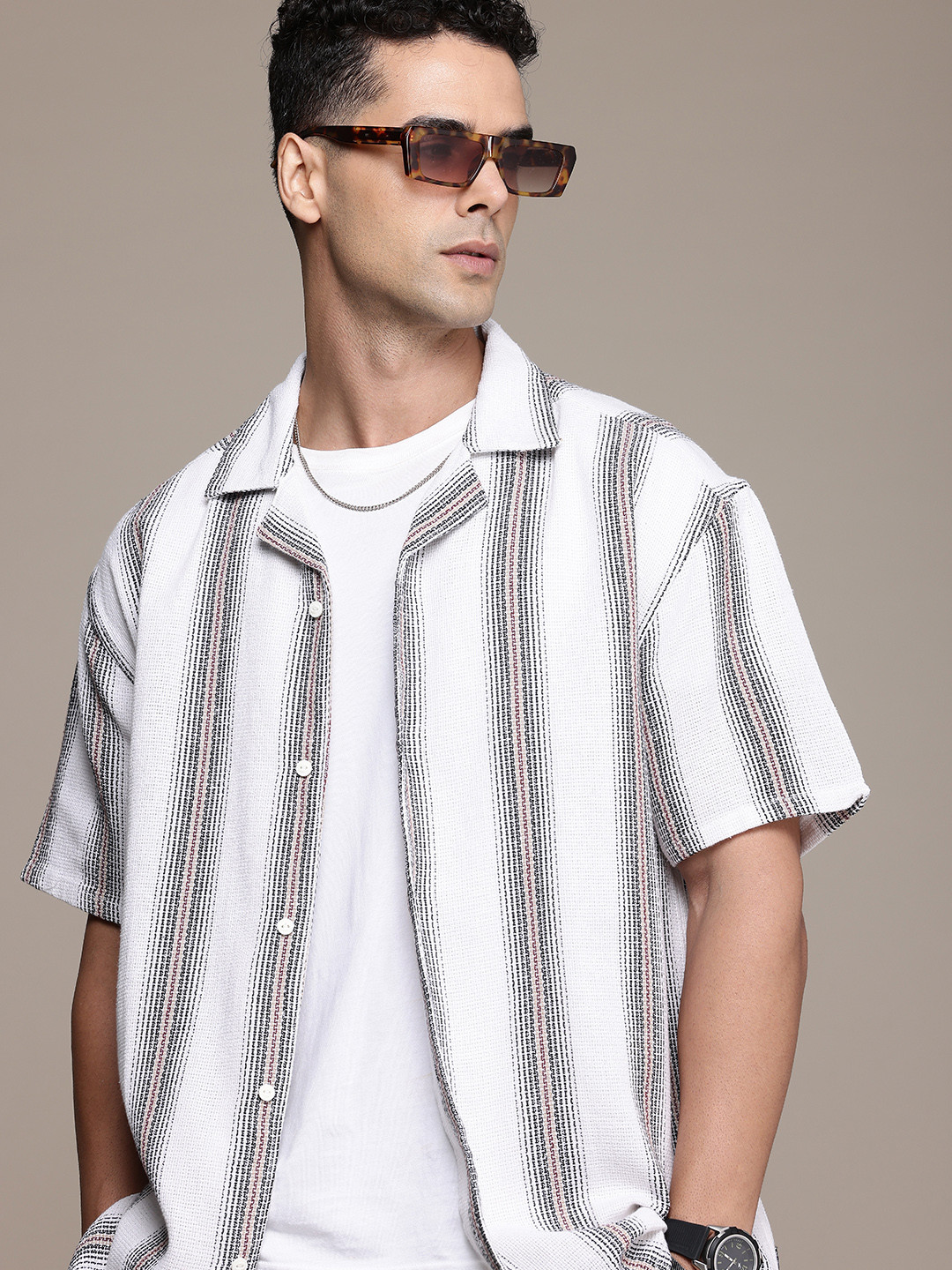 

The Roadster Life Co. Pure Cotton Relaxed Fit Striped Knitted Shirt, White