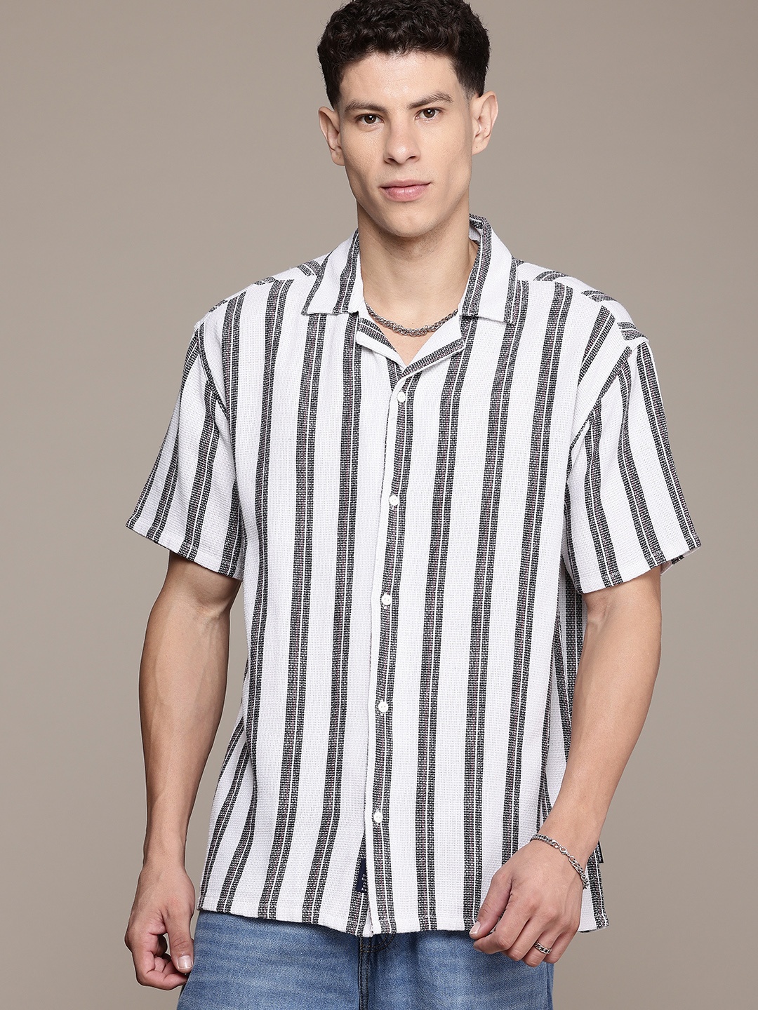 

The Roadster Life Co. Pure Cotton Relaxed Fit Striped Knitted Shirt, White