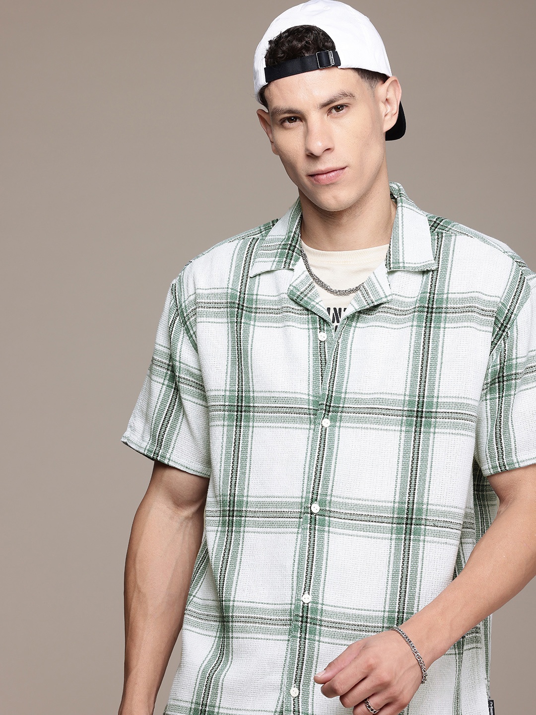 

The Roadster Life Co. Pure Cotton Relaxed Fit Checked Knitted Shirt, Green