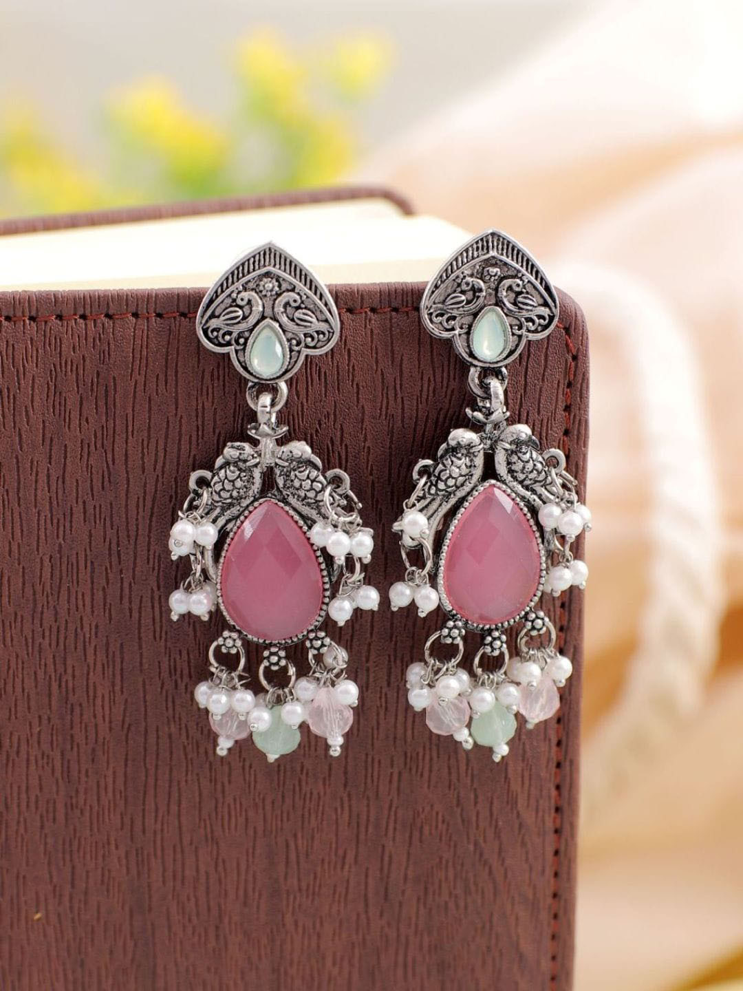 

Crunchy Fashion Girls Silver-Plated Stone-Studded & Beaded Oxidised Drop Earrings