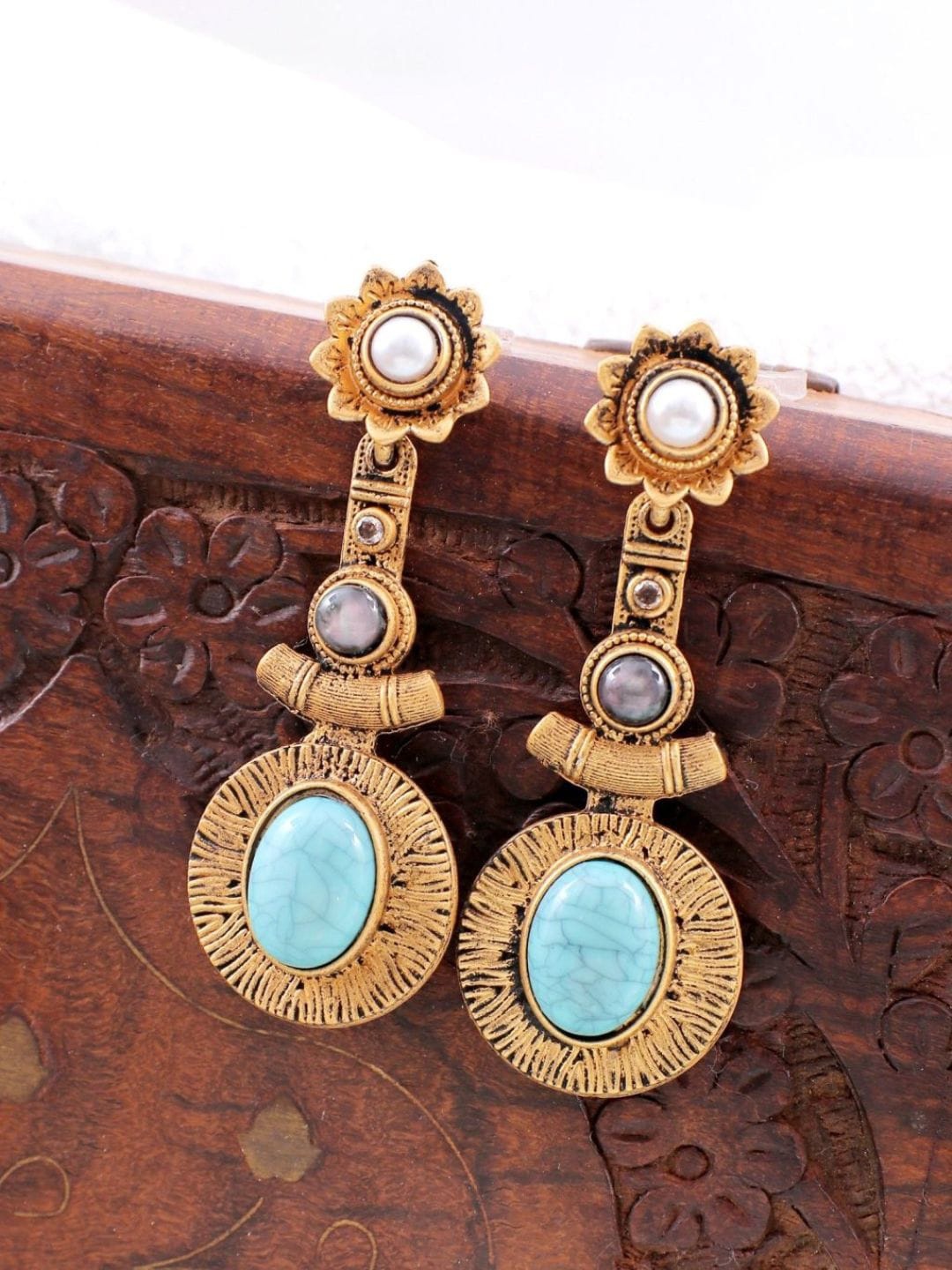 

Crunchy Fashion Brass-Plated Stone-Studded Oxidised Circular Drop Earrings, Gold