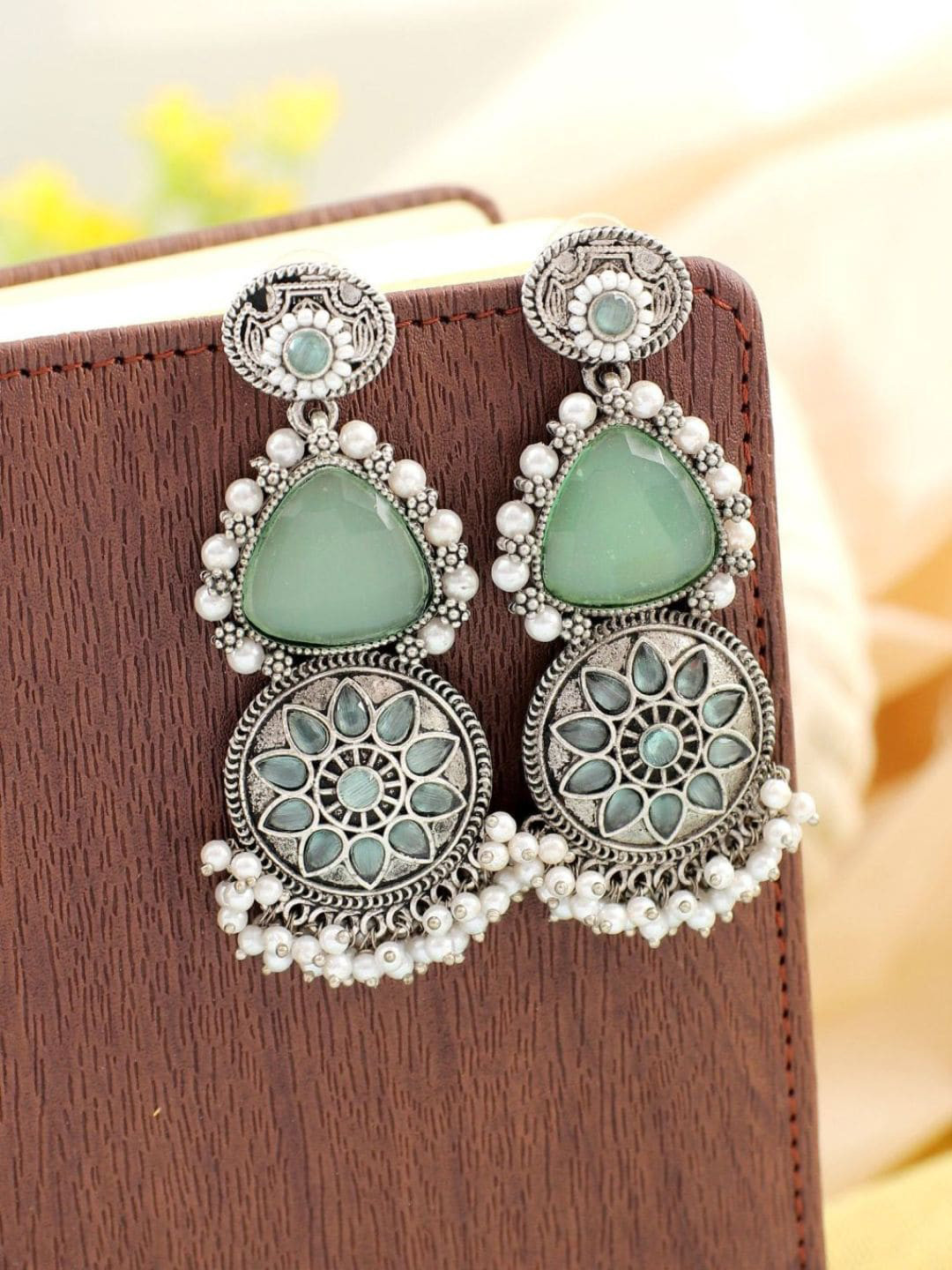 

Crunchy Fashion Silver-Plated Stone-Studded & Beaded Oxidised Contemporary Drop Earrings, Sea green