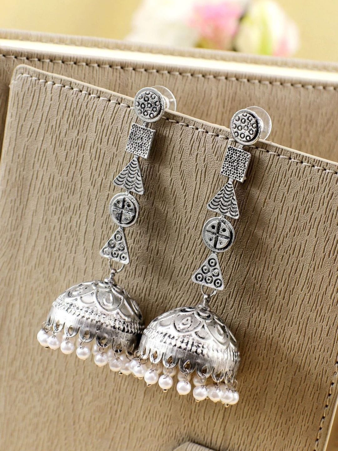 

Crunchy Fashion Silver-Plated Beaded Oxidised Dome Shaped Jhumkas