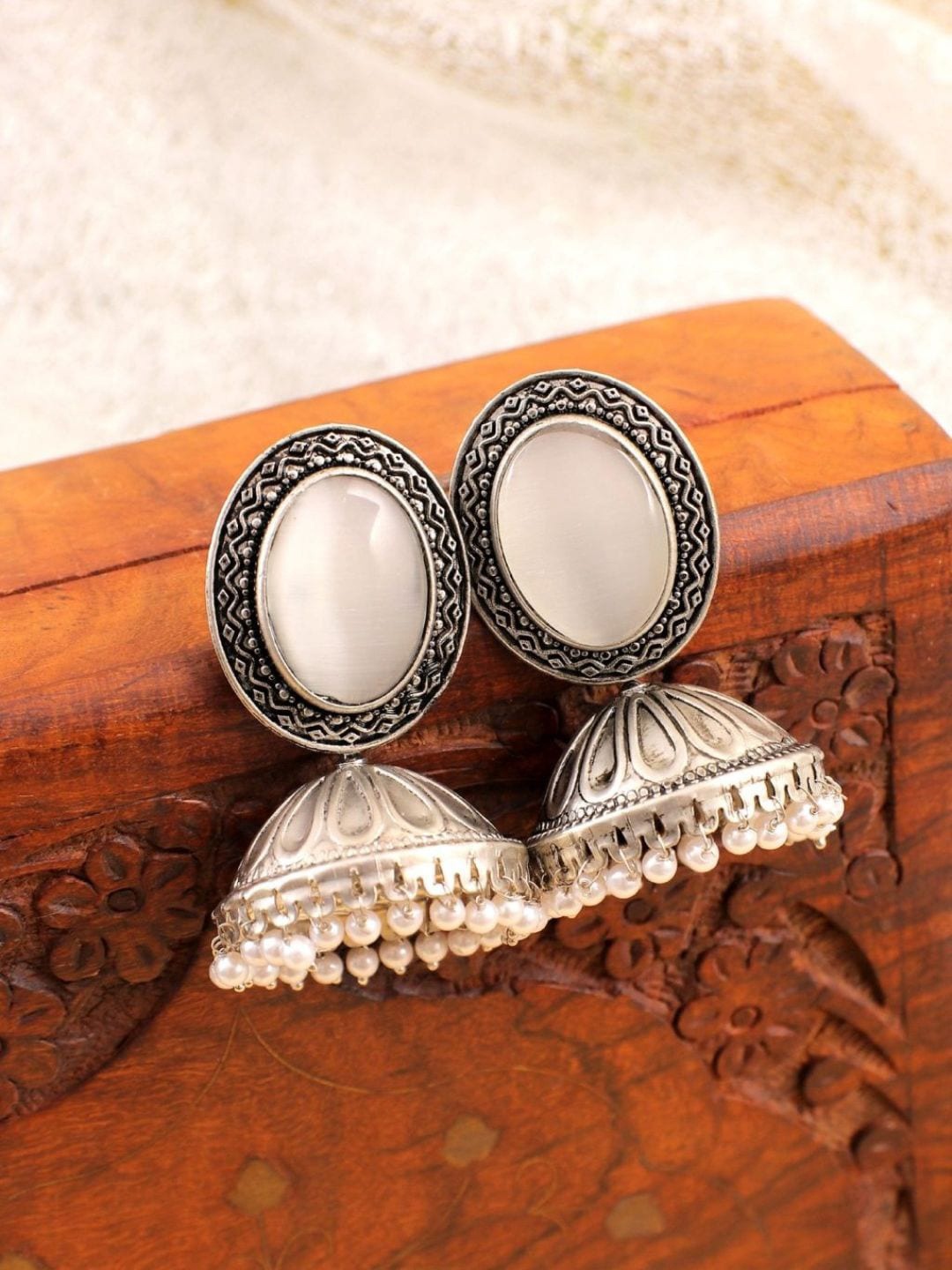 

Crunchy Fashion Silver-Plated Contemporary Oxidised Jhumkas