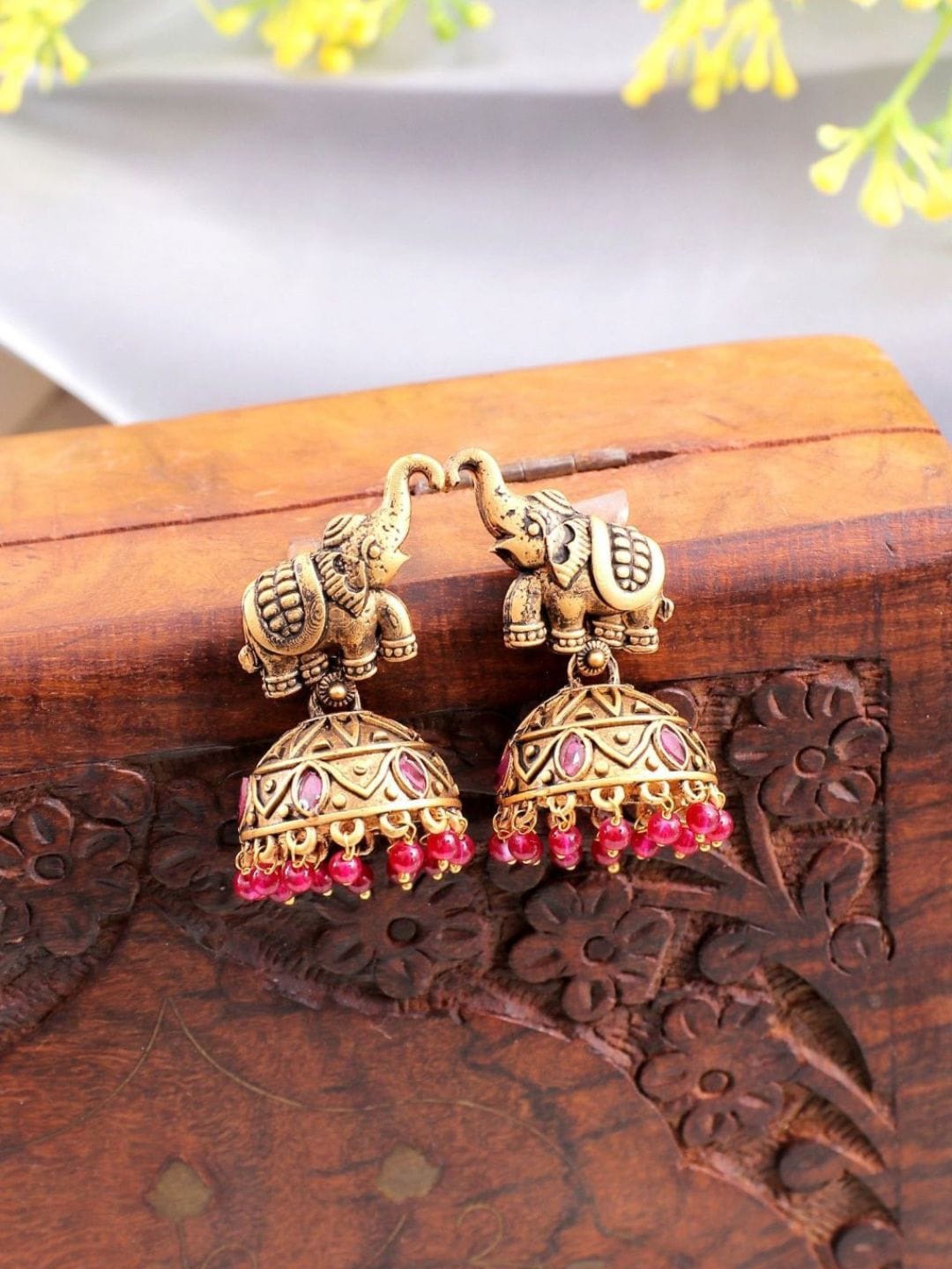 

Crunchy Fashion Gold-Plated Stone-Studded & Beaded Dome Shaped Jhumkas