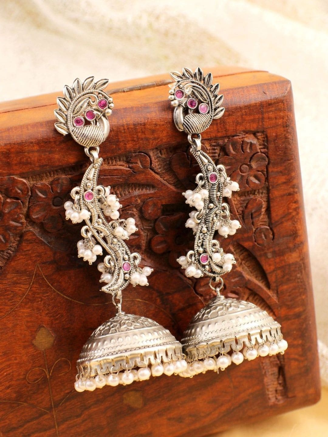 

Crunchy Fashion Silver-Plated Stone-Studded & Beaded Peacock Shaped Jhumkas