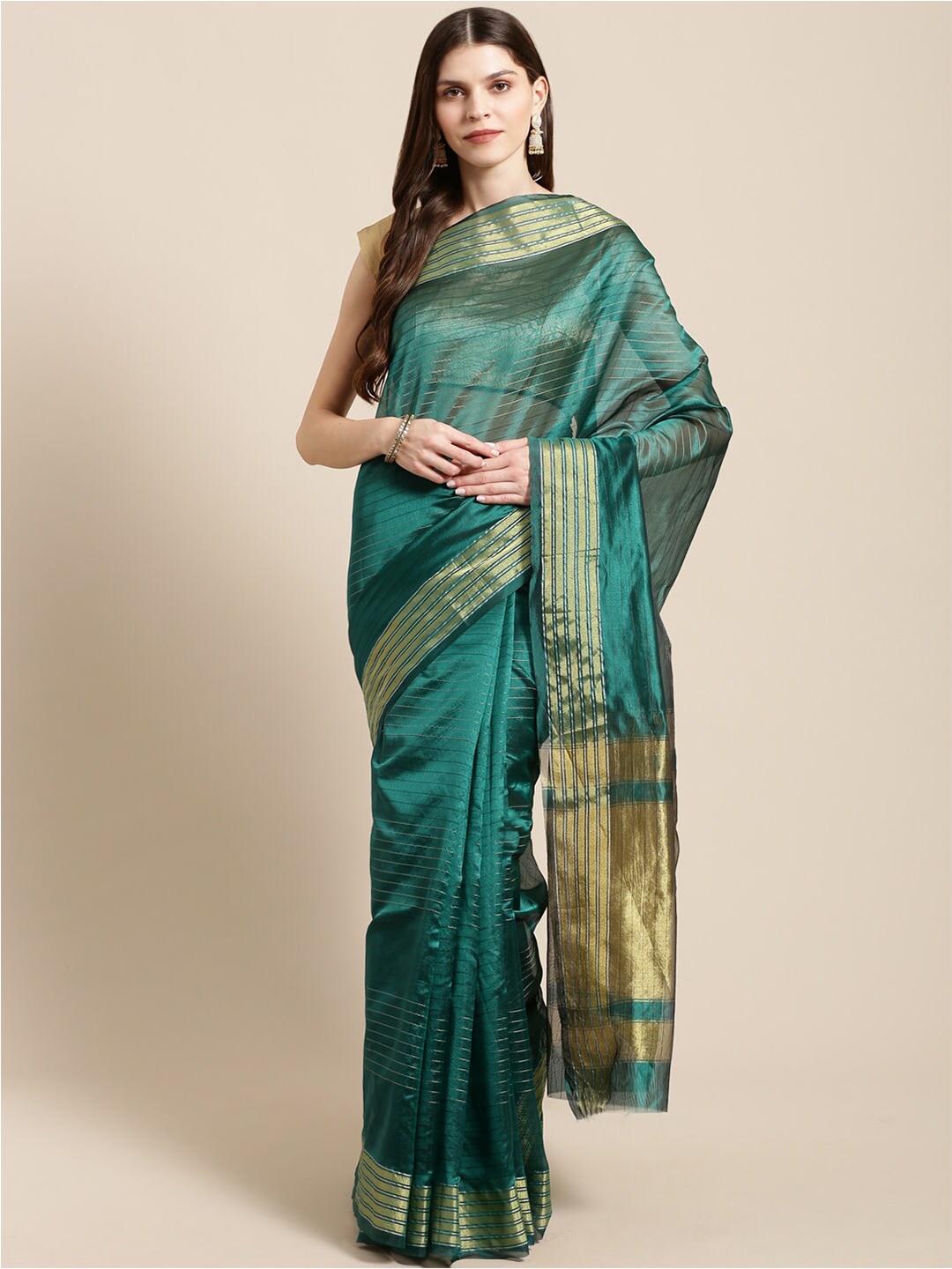 

KALINI Striped Zari Border Saree, Blue