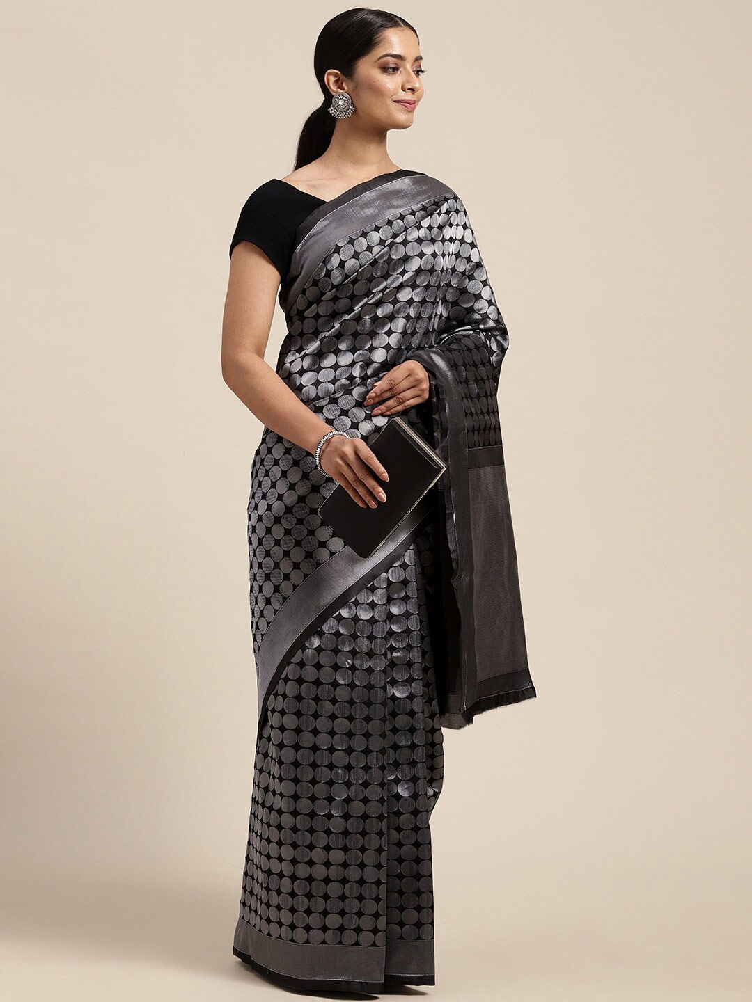 

KALINI Woven Design Polka Dot Zari Saree, Black