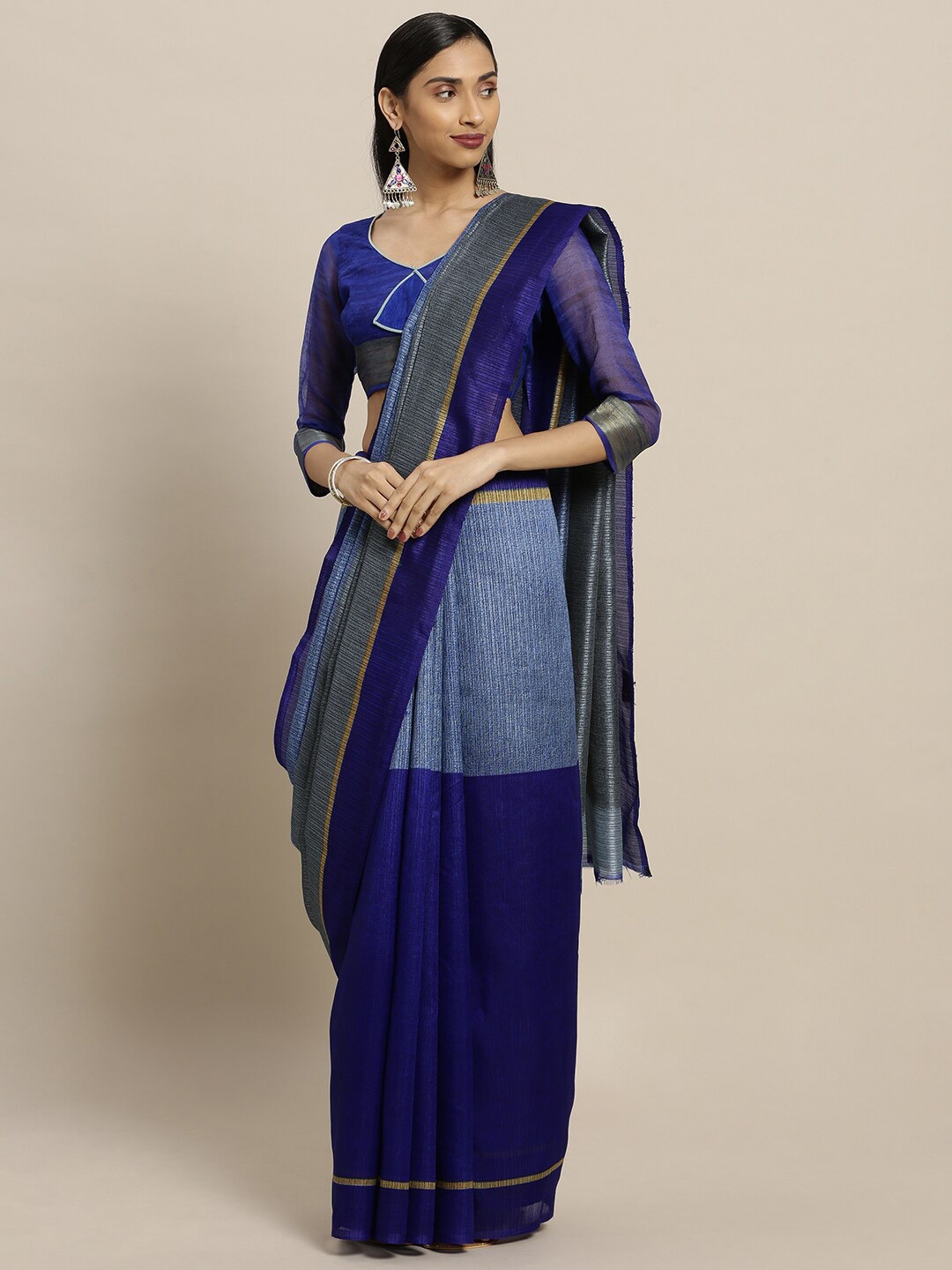 

KALINI Colourblocked Zari Silk Cotton Saree, Blue