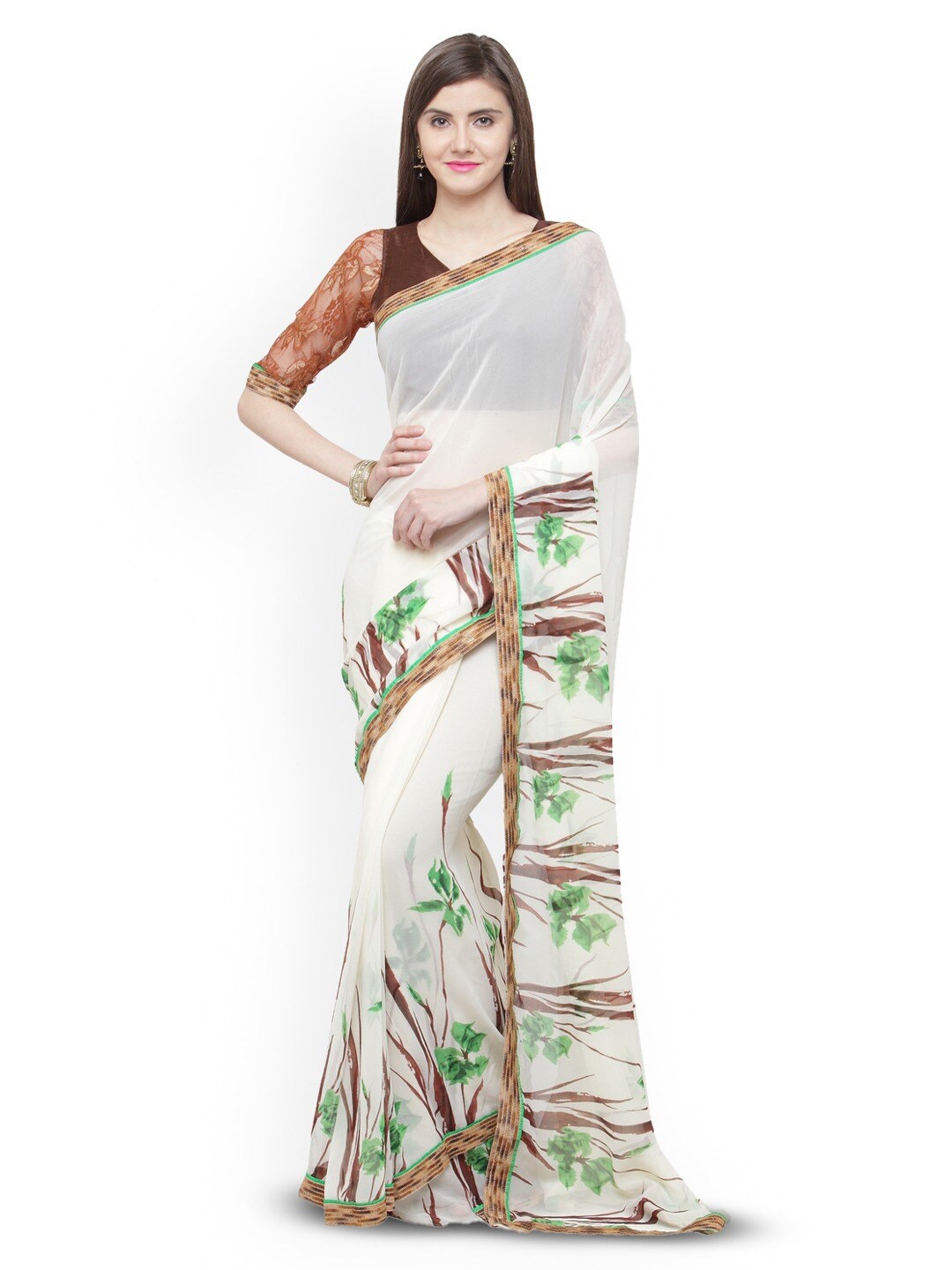 

KALINI Floral Printed Saree, Cream