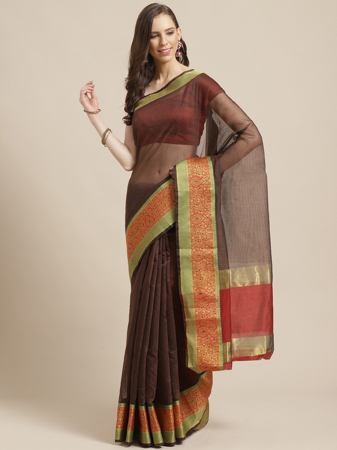

KALINI Woven Design Border Saree, Brown