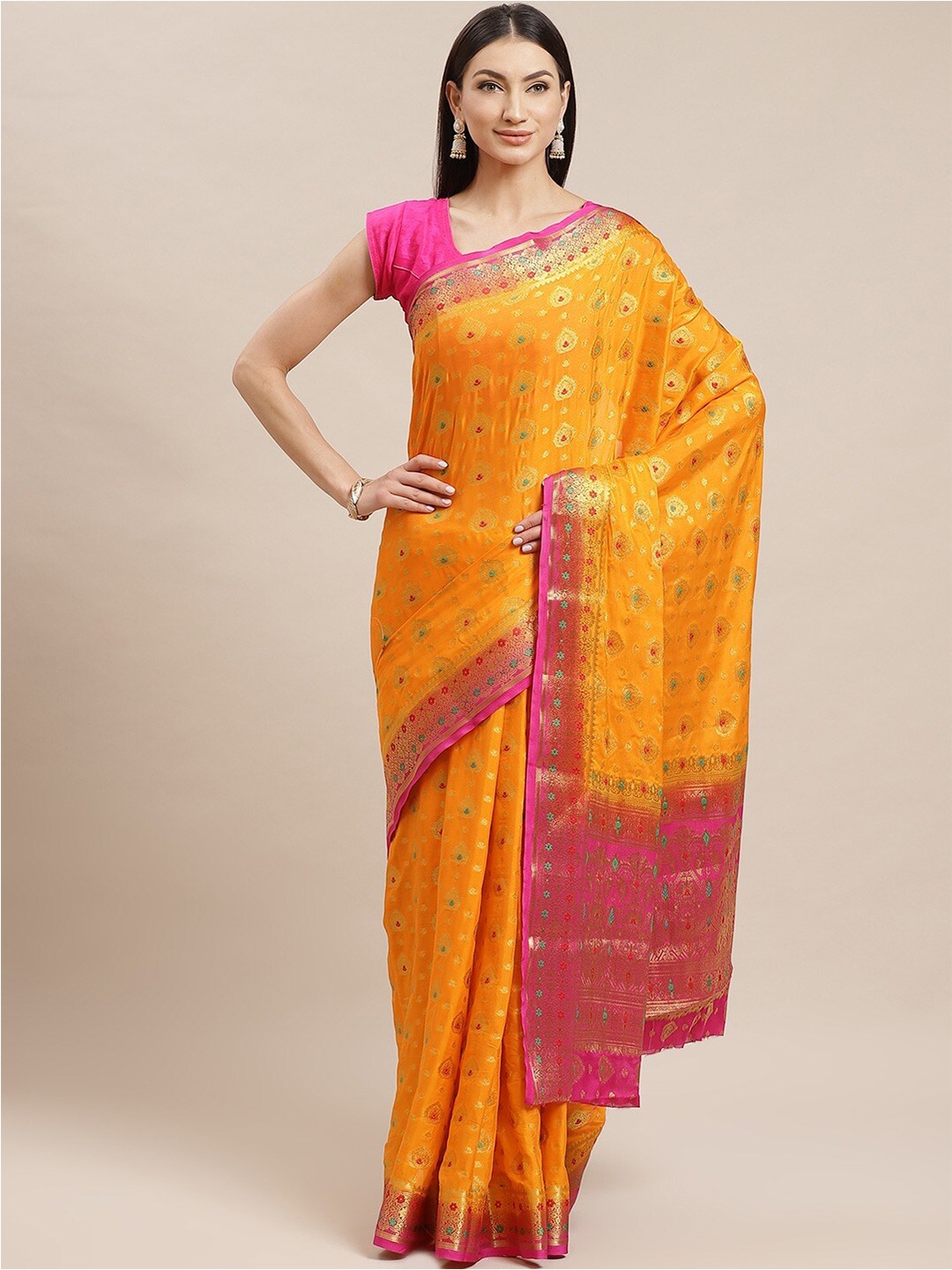 

KALINI Ethnic Motifs Woven Design Zari Saree, Orange