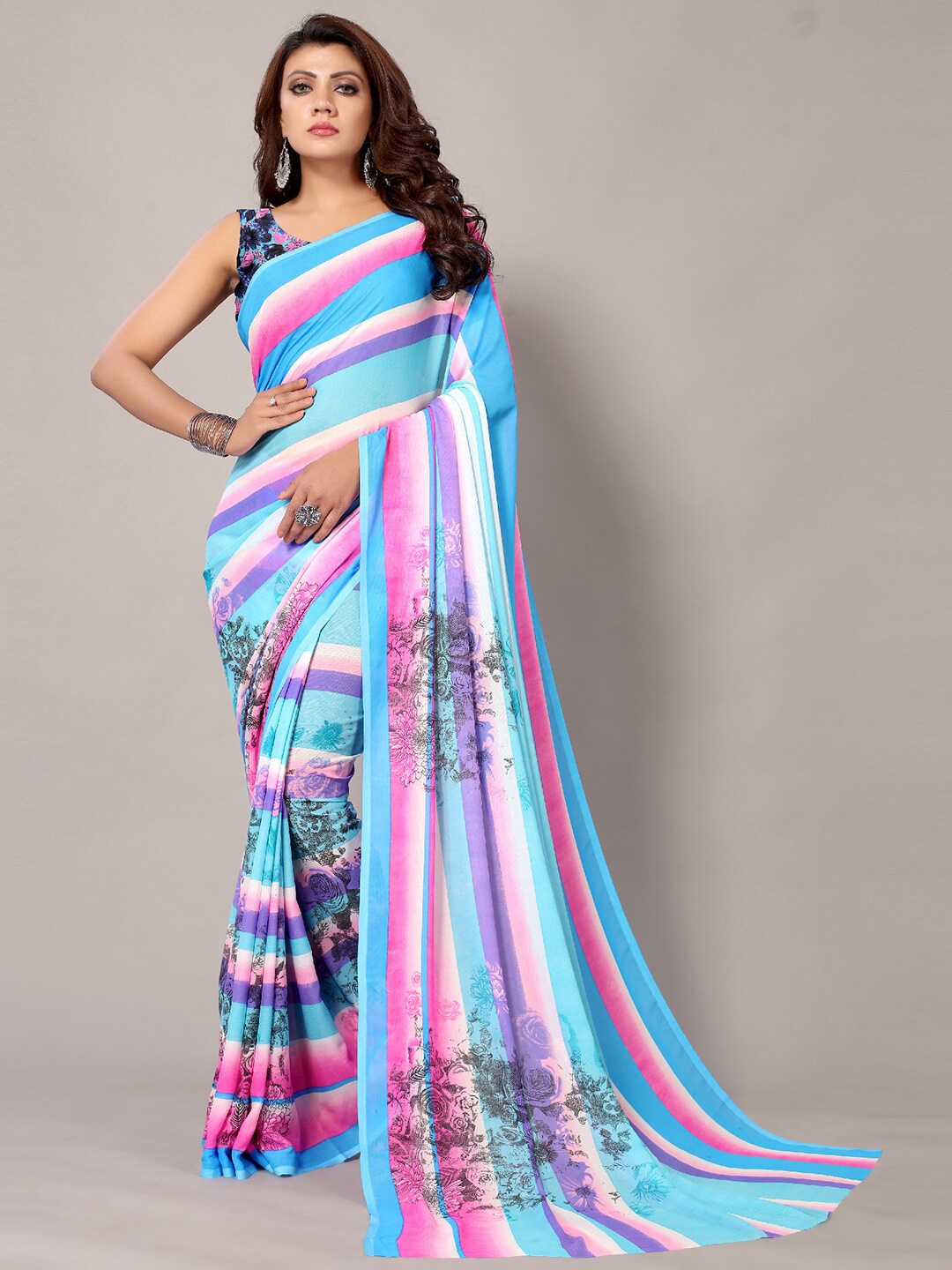 

KALINI Striped Printed Saree, Blue