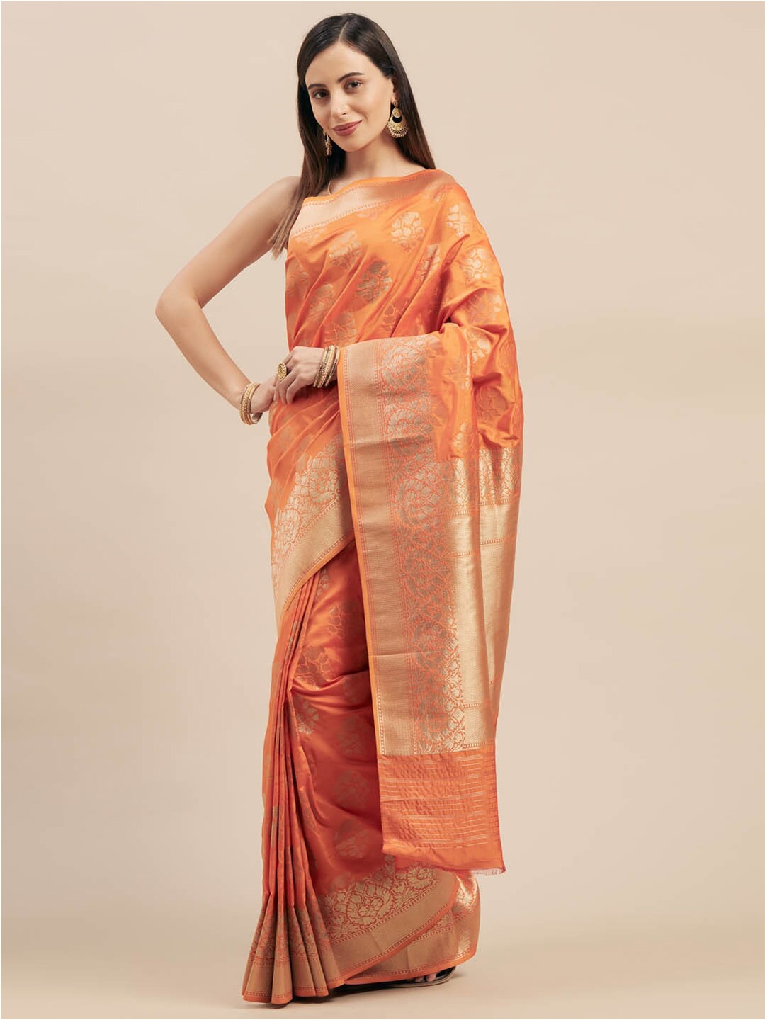 

KALINI Ethnic Motifs Woven Design Zari Saree, Orange