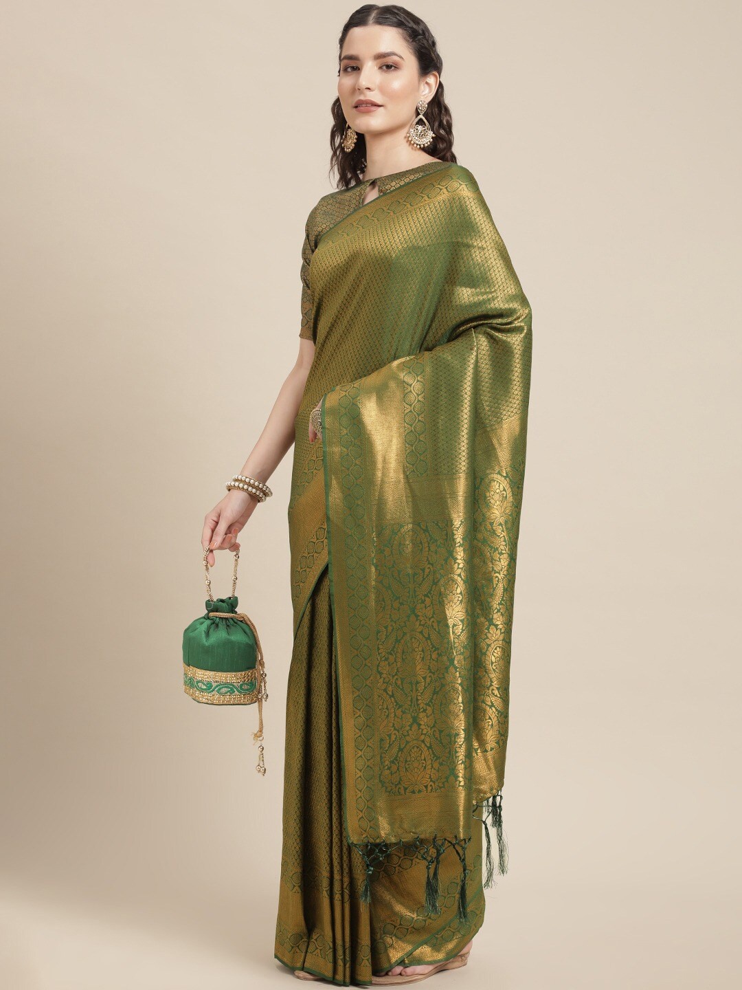 

KALINI Ethnic Motifs Woven Design Zari Saree, Green