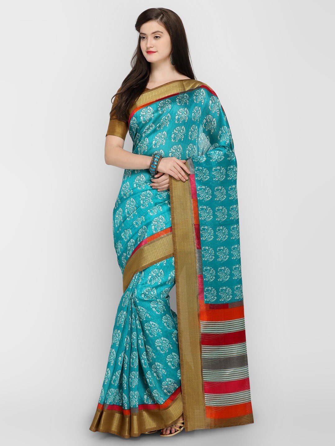 

KALINI Ethnic Motifs Printed Zari Silk Cotton Saree, Blue