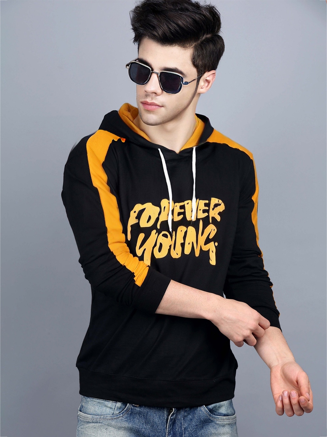 BAESD Boys Typography Printed Hooded Cotton T-shirt, Black