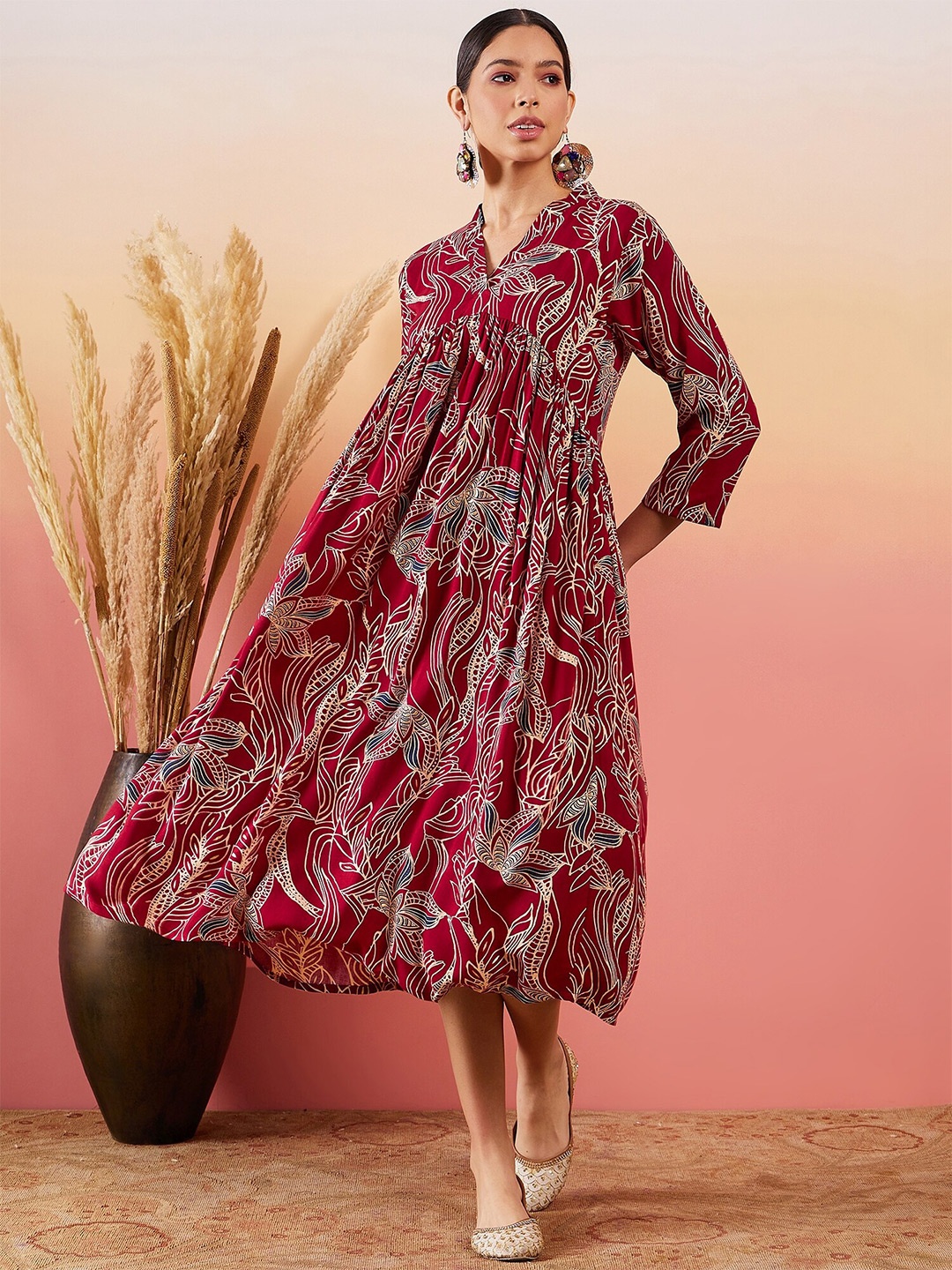 

InWeave Floral Printed A-Line Midi Dress, Maroon