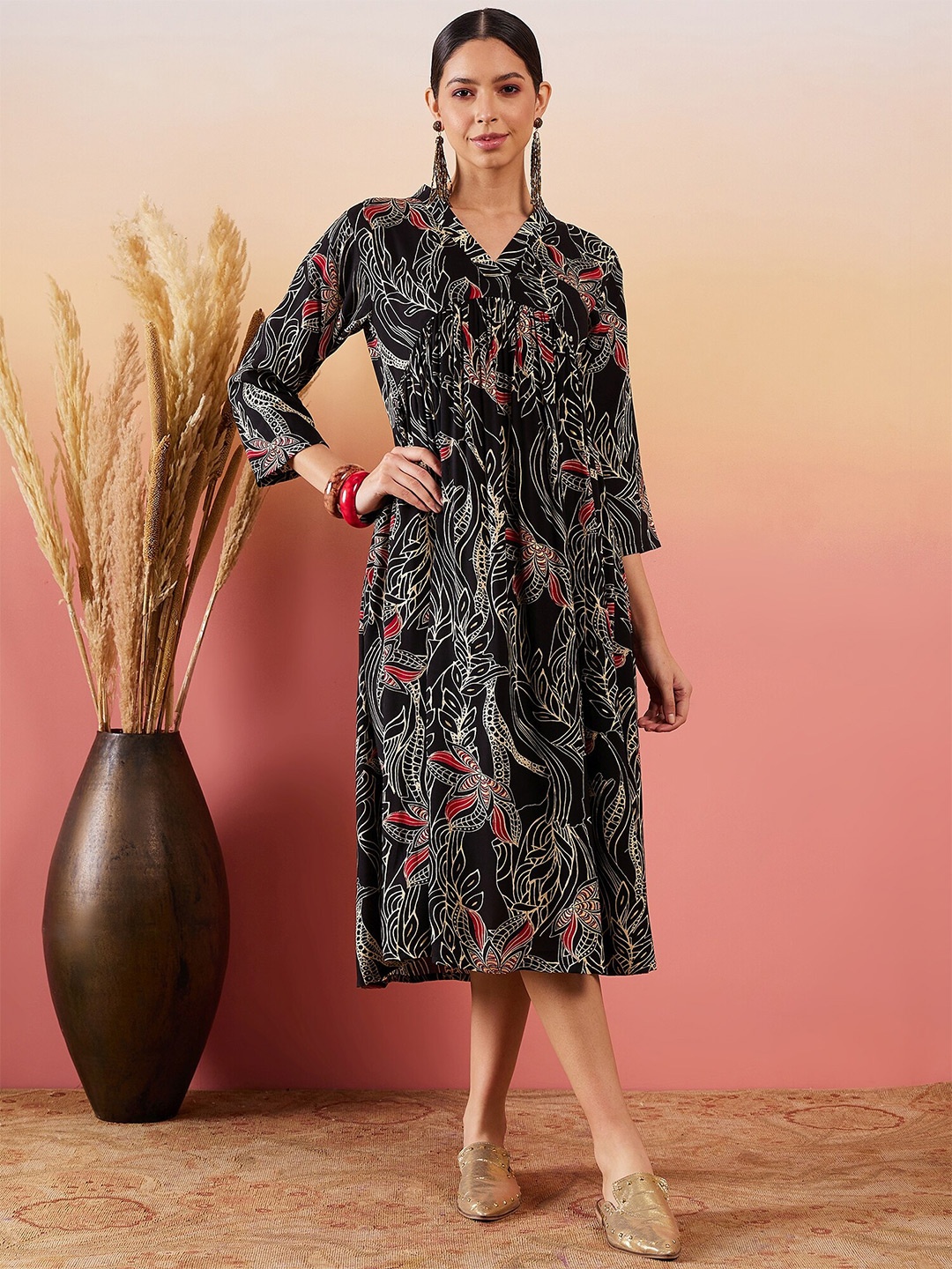 

InWeave Floral Printed A-Line Midi Dress, Black