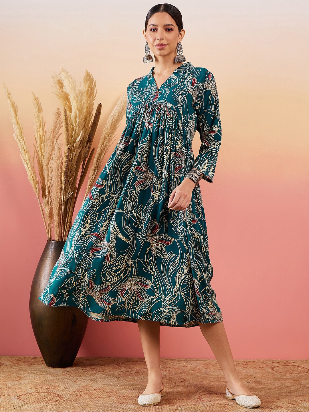 

InWeave Floral Printed A-Line Midi Dress, Teal