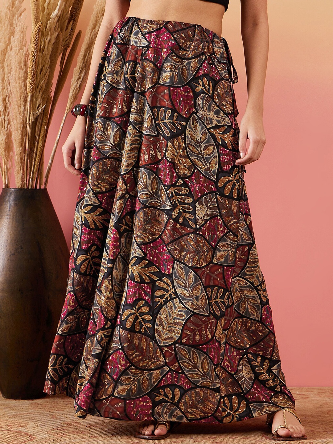 

InWeave Floral Printed Flared Maxi Ethnic Skirt, Black