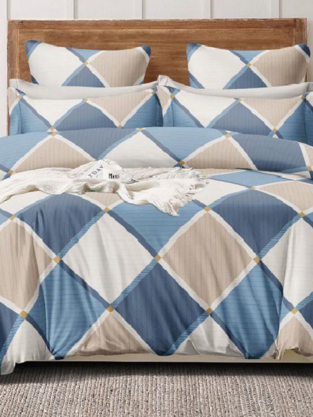 

Laying Style 4 Pieces Checked Double King Sized Cotton Bedding Set, Beige