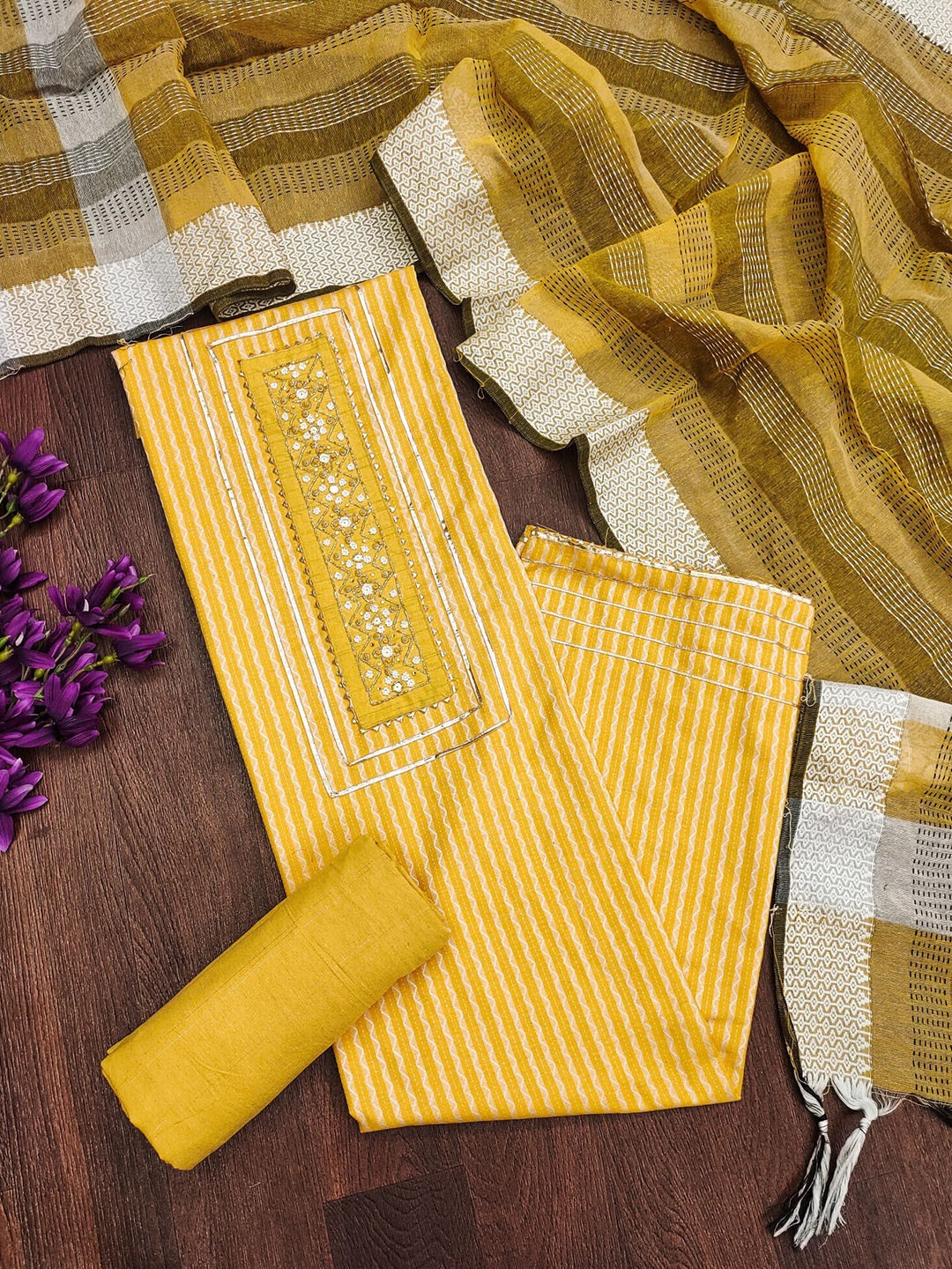 

LeeliPeeri Designer Striped Jacquard Beads & Stones Detailed Unstitched Dress Material, Yellow