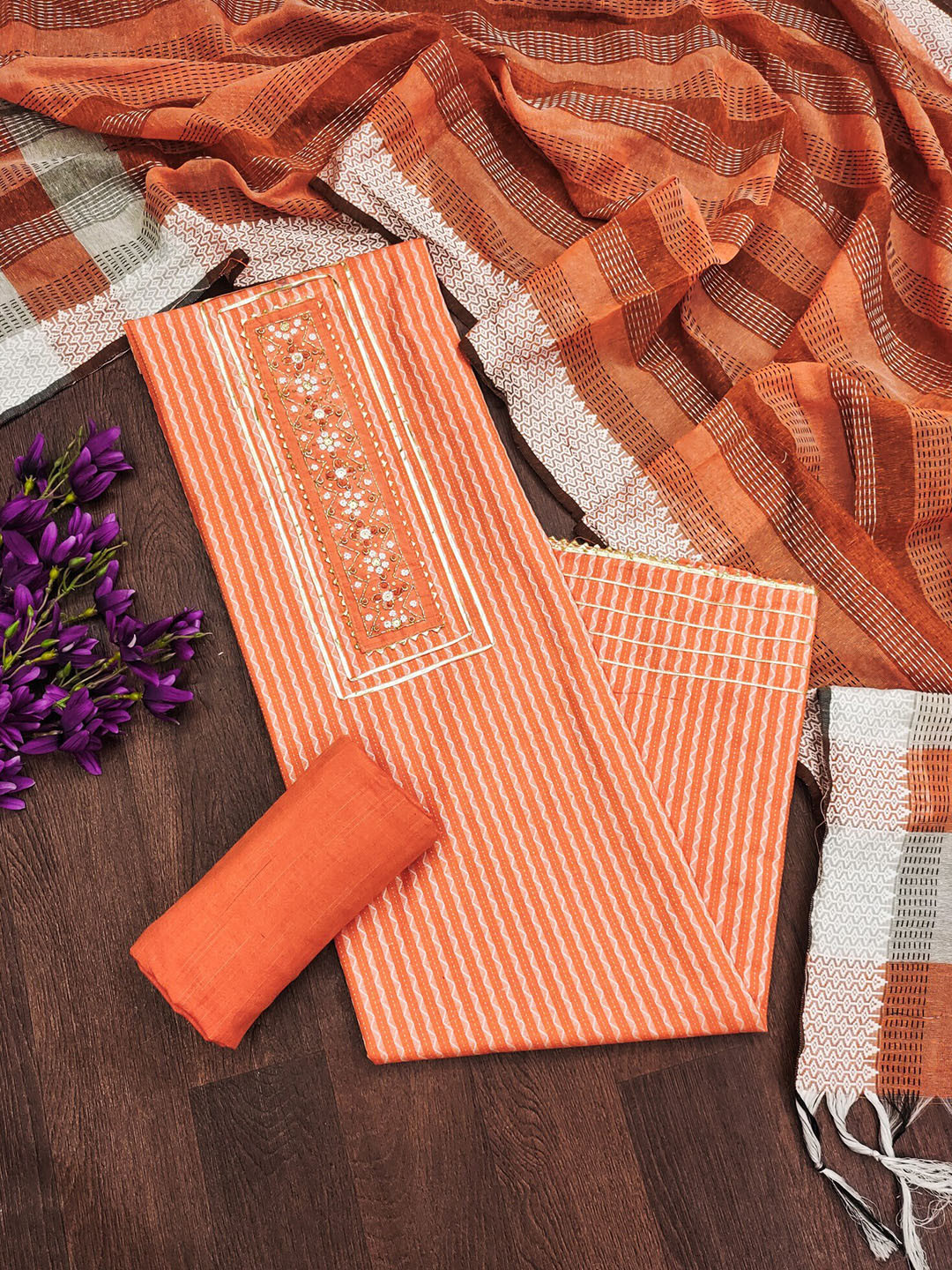 

LeeliPeeri Designer Striped Jacquard Beads & Stones Detailed Unstitched Dress Material, Orange