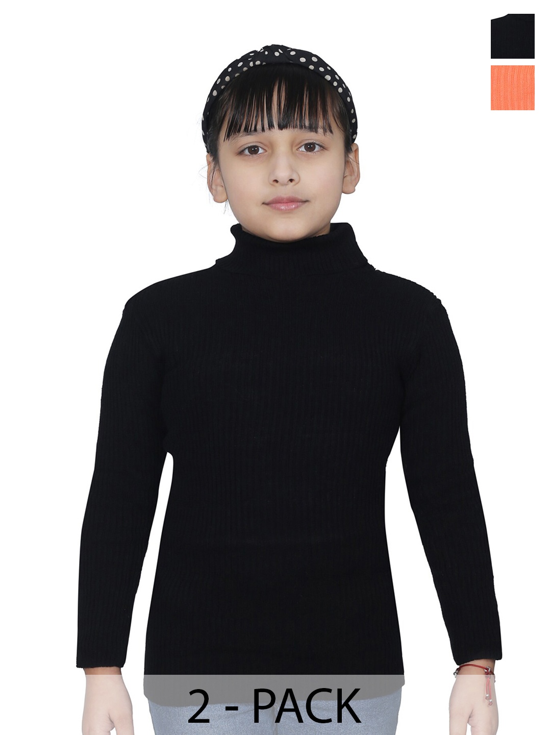 

BAESD Girls Pack Of 2 Striped Turtle Neck Woollen Pullovers, Black