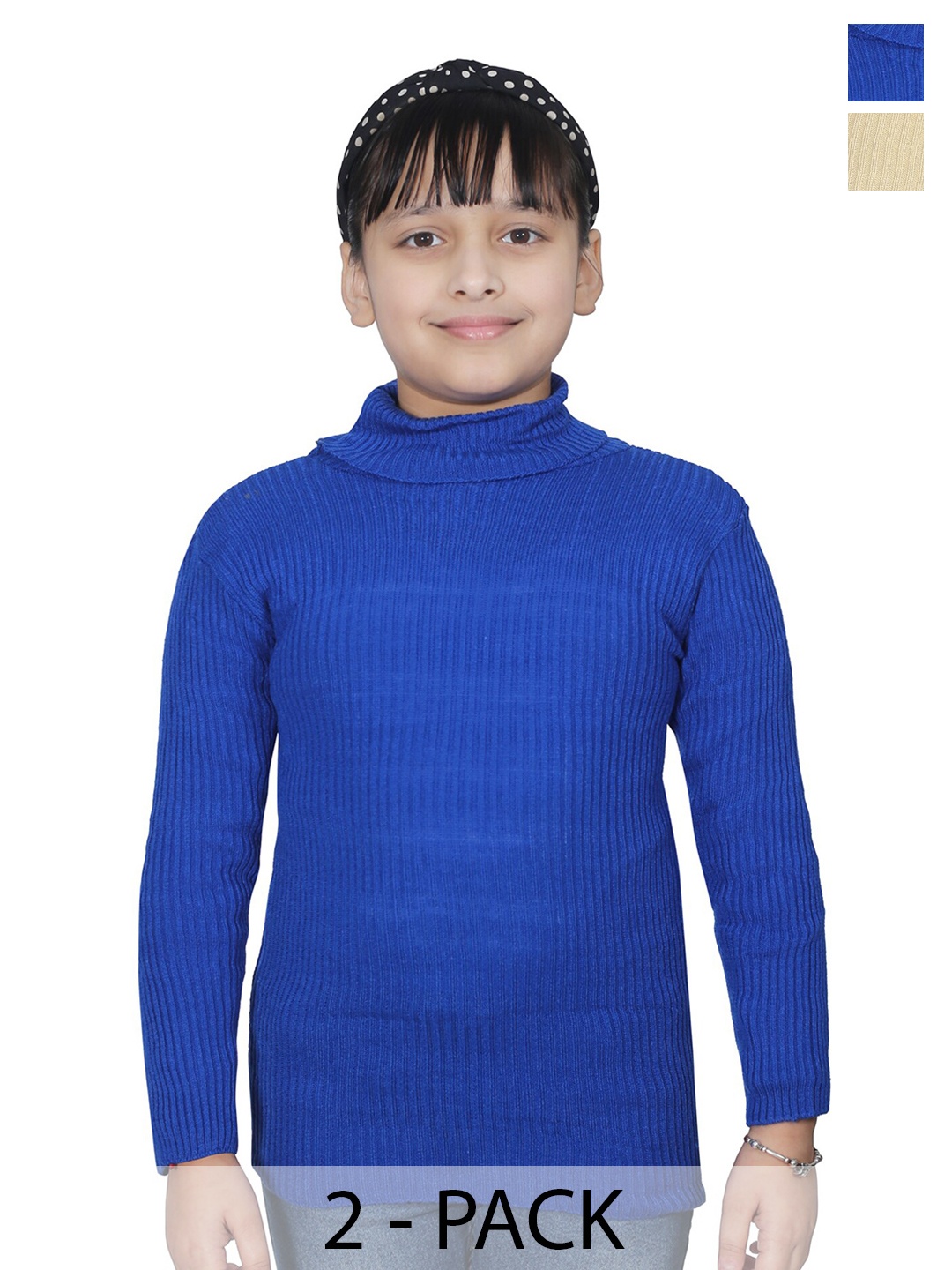 

BAESD Girls Pack Of 2 Striped Woollen Turtle Neck Applique Straight Pullover Sweater, Blue