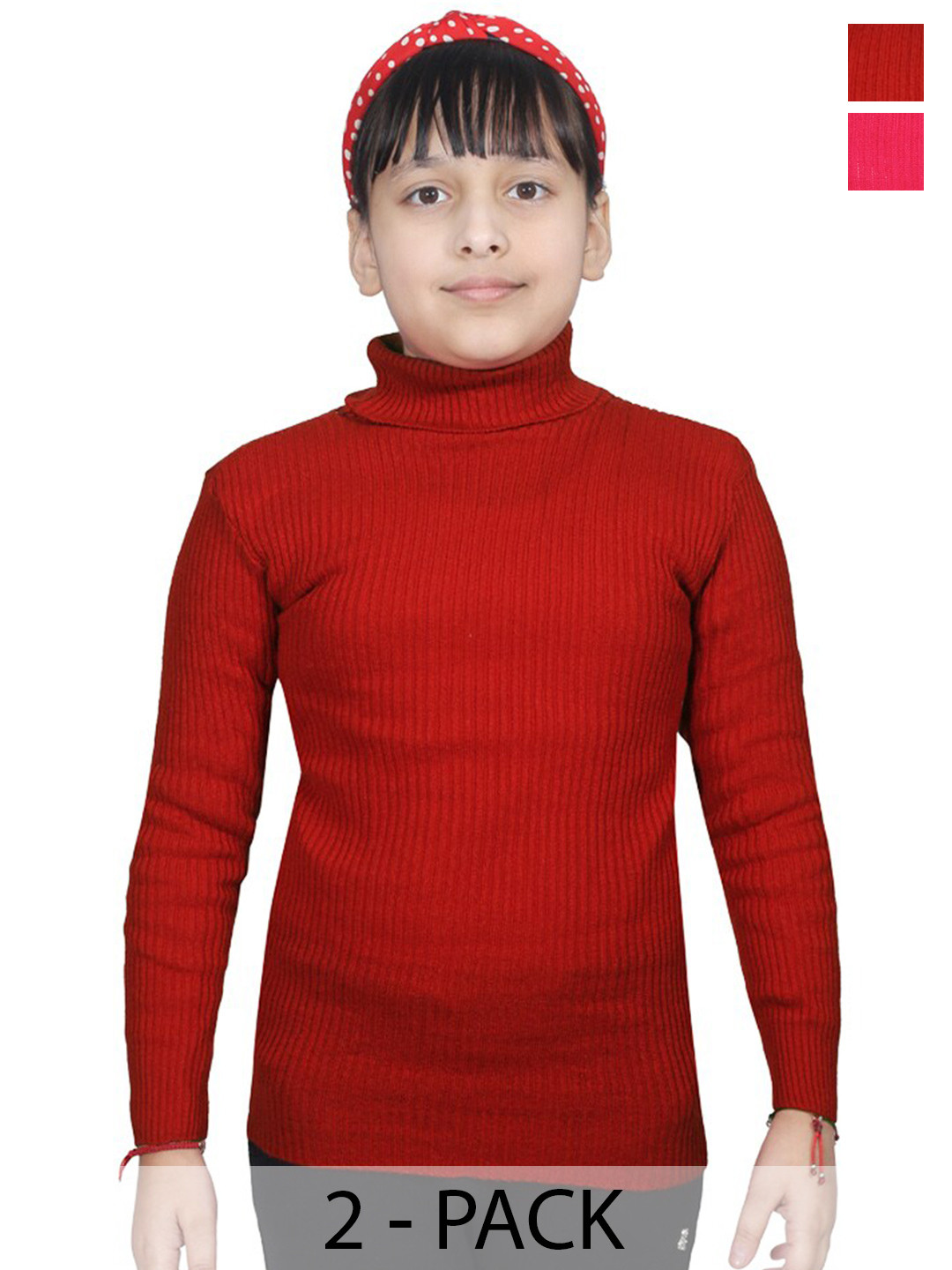 

BAESD Girls Pack Of 2 Self Design High Neck Woollen Pullover Sweaters, Red