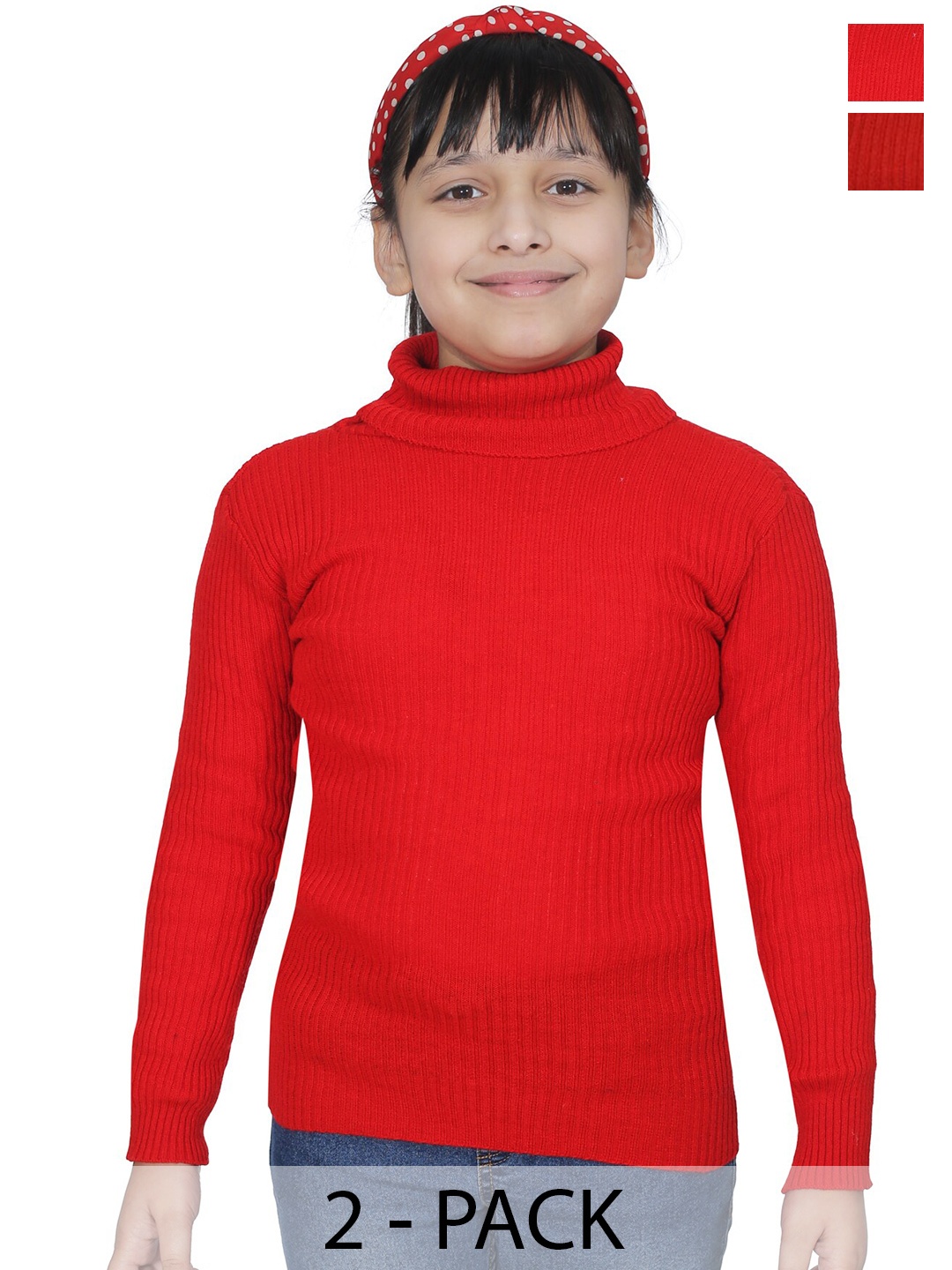 

BAESD Girls Pack Of 2 Self Design High Neck Woollen Pullover Sweaters, Red