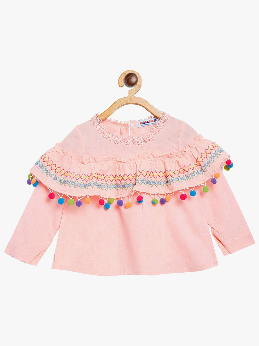 

BAESD Girls Printed Embellished Round Collar Cotton Casual Shirt, Peach