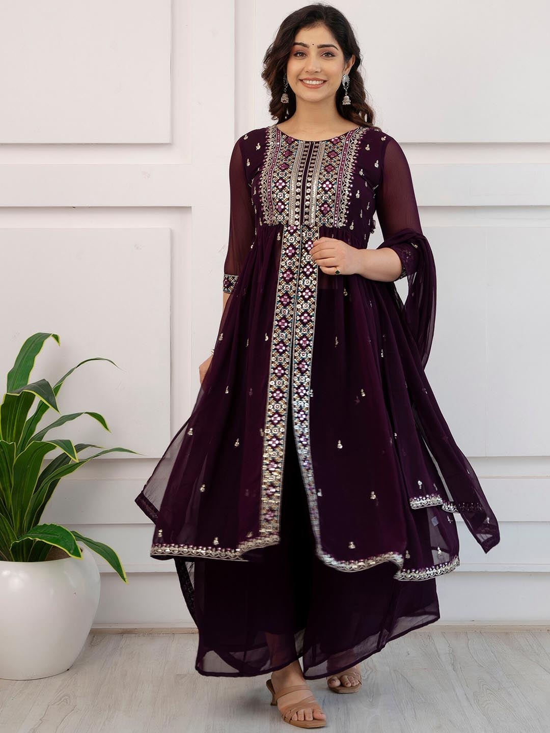 

Charu Floral Embroidered Regular Mirror Work Kurta With Palazzos & Dupatta, Violet