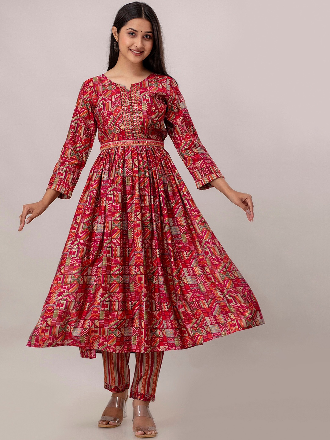 

Charu Printed Angrakha Thread Work Kurta with Trousers, Pink