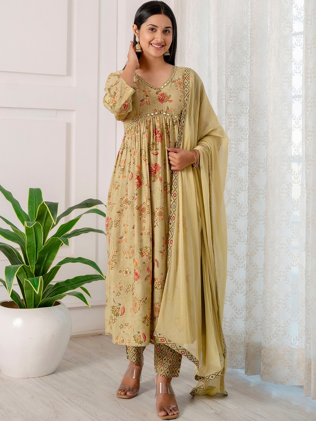 

Charu Women Floral Printed Empire Mirror Work Kurta with Trousers & Dupatta, Lime green
