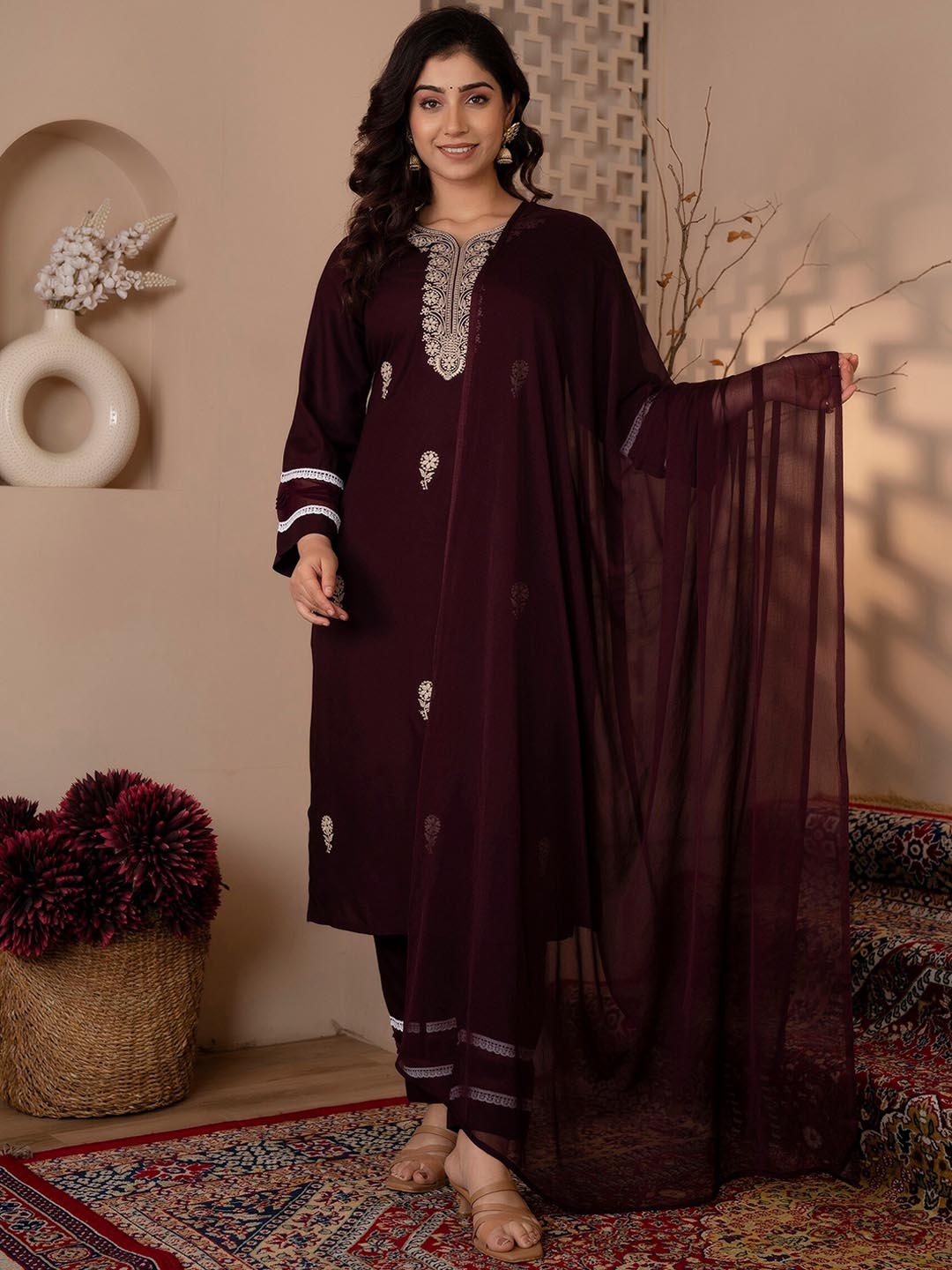 

Charu Floral Embroidered Regular Thread Work Kurta With Trousers & Dupatta, Violet