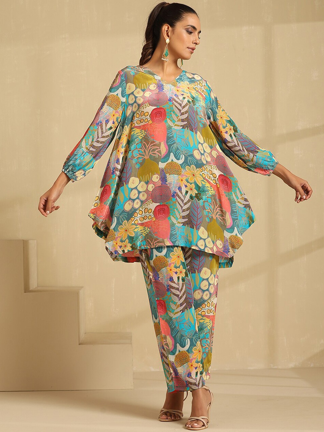 

indy Raaga Floral Printed Tunic With Trouser, Turquoise blue