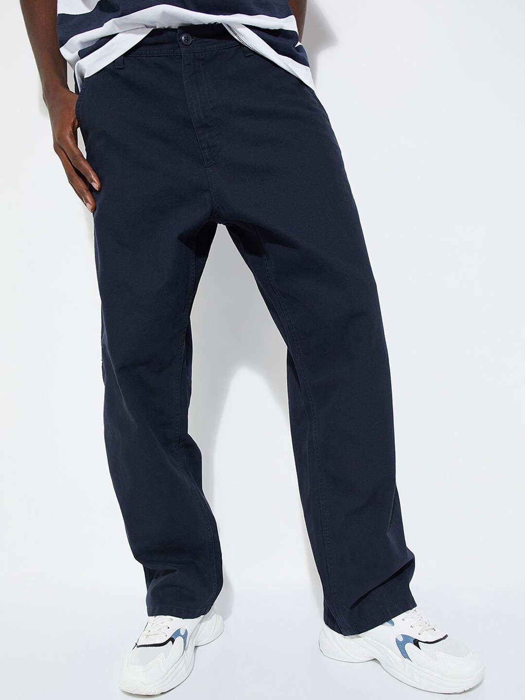 

max URB_N Men Mid-Rise Cargos Cotton Casual Trousers, Navy blue