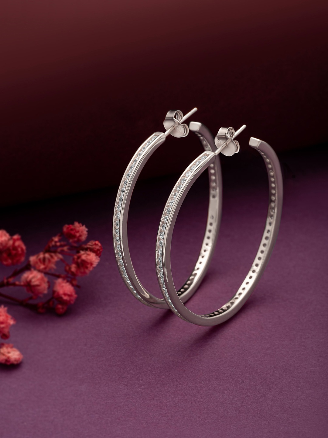 

SILBERRY 925 Sterling Silver Rhodium-Plated Cubic Zirconia Studded Hoop Earrings