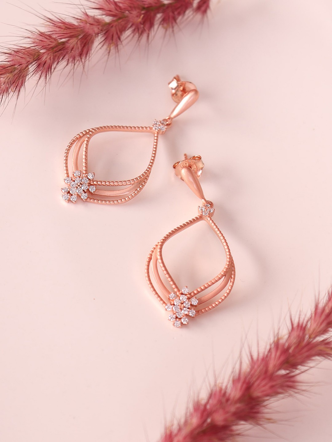 

SILBERRY 92.5 Sterling Silver Rose Gold-Plated Cubic Zirconia Studded Drop Earrings