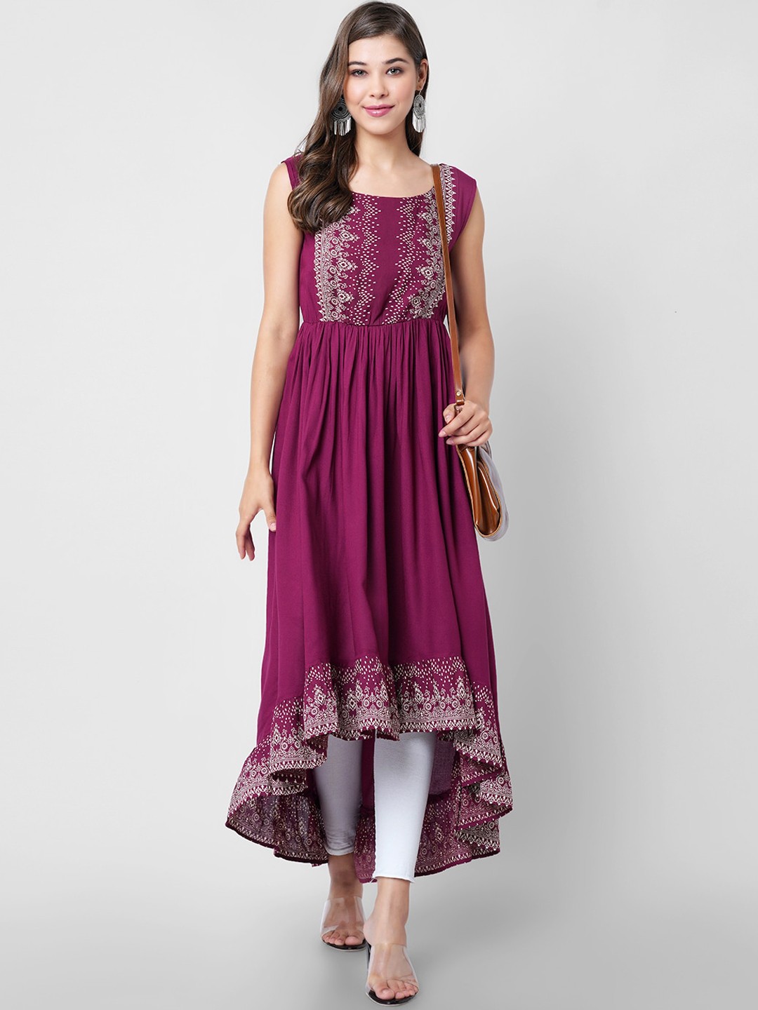 

KALINI Ethnic Motifs Printed Pleated Anarkali Kurta, Burgundy
